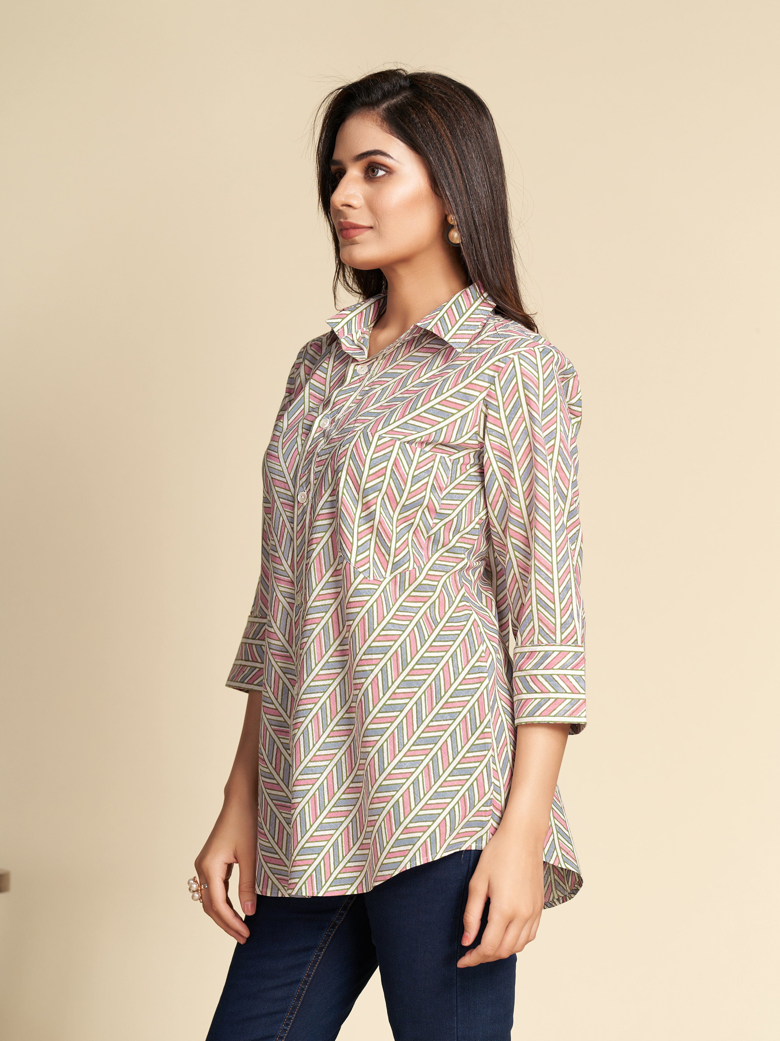 White Chevron Pattern Printed Pure Cotton Shirt