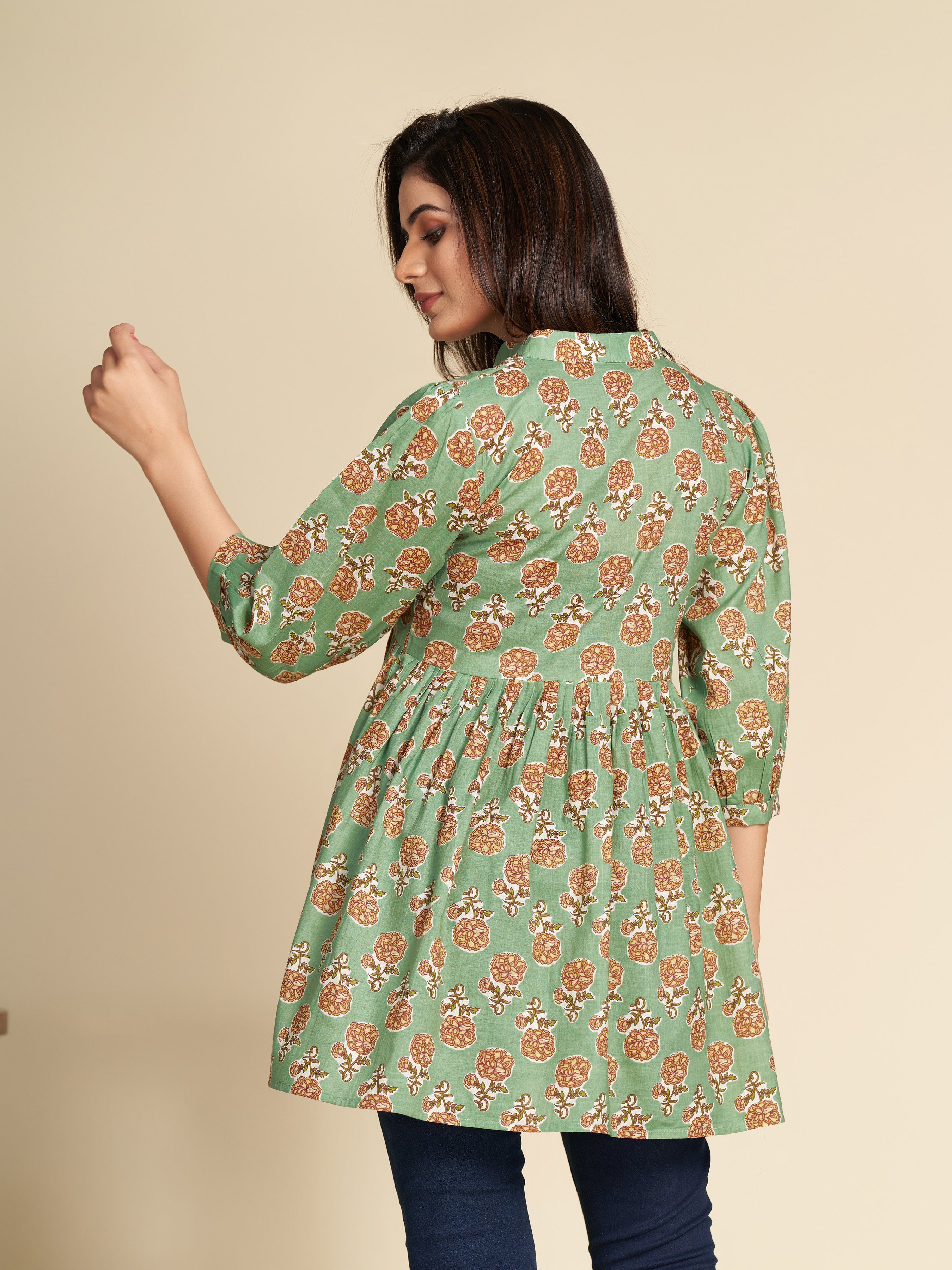 Green Block Printed Flared Pure Cotton Top