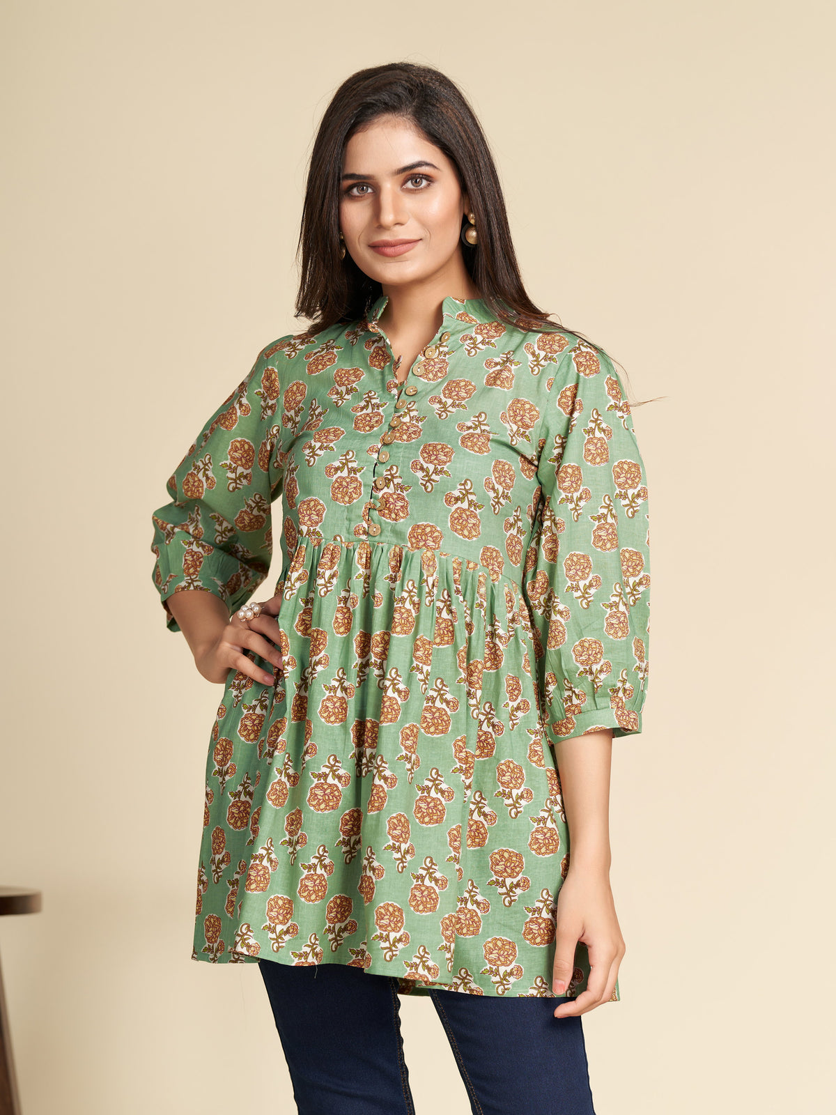 Green Block Printed Flared Pure Cotton Top