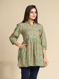 Green Block Printed Flared Pure Cotton Top