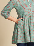 Mint Block Printed Flared Pure Cotton Top