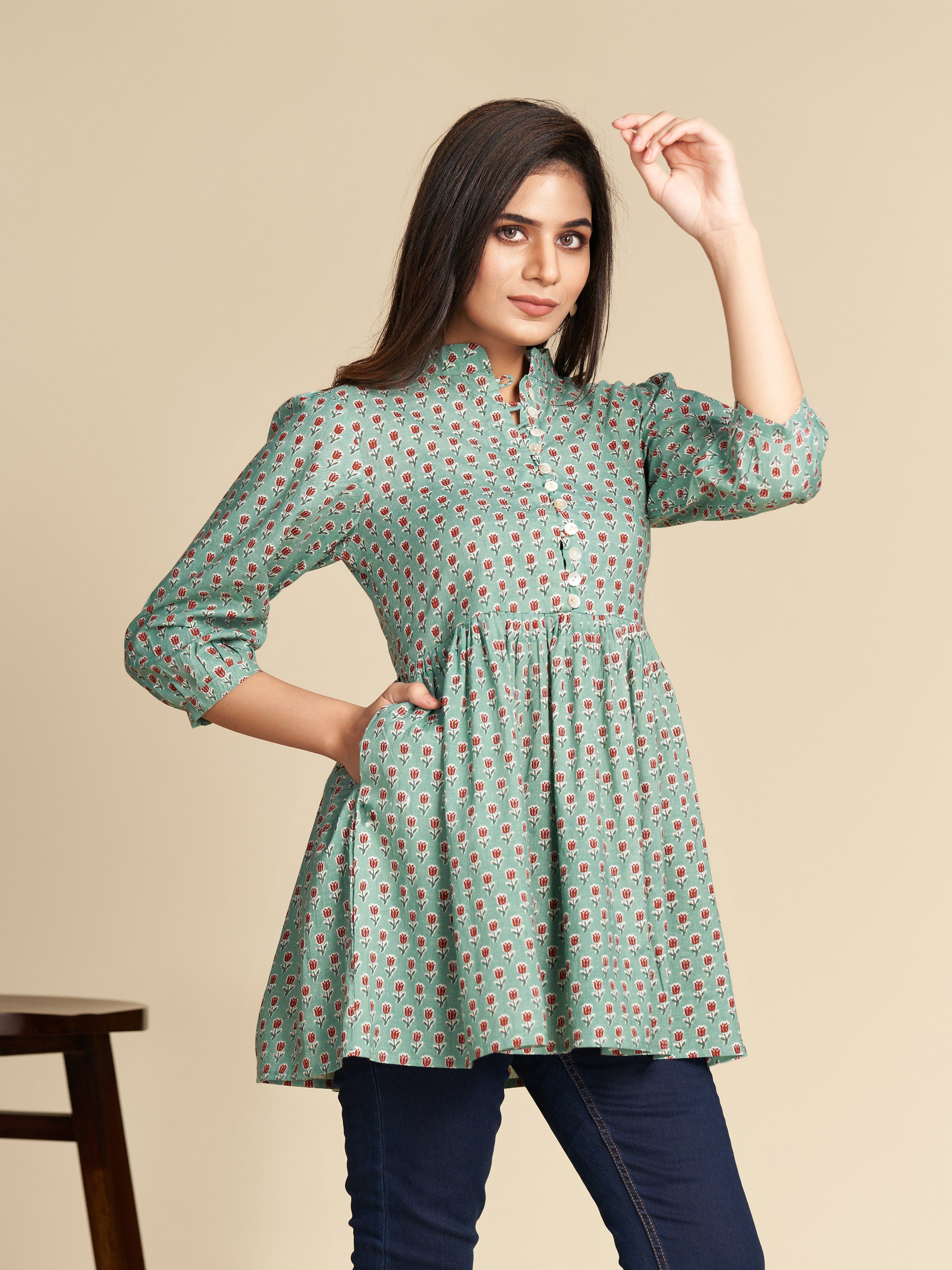 Mint Block Printed Flared Pure Cotton Top