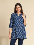 Indigo Block Printed Flared Pure Cotton Top