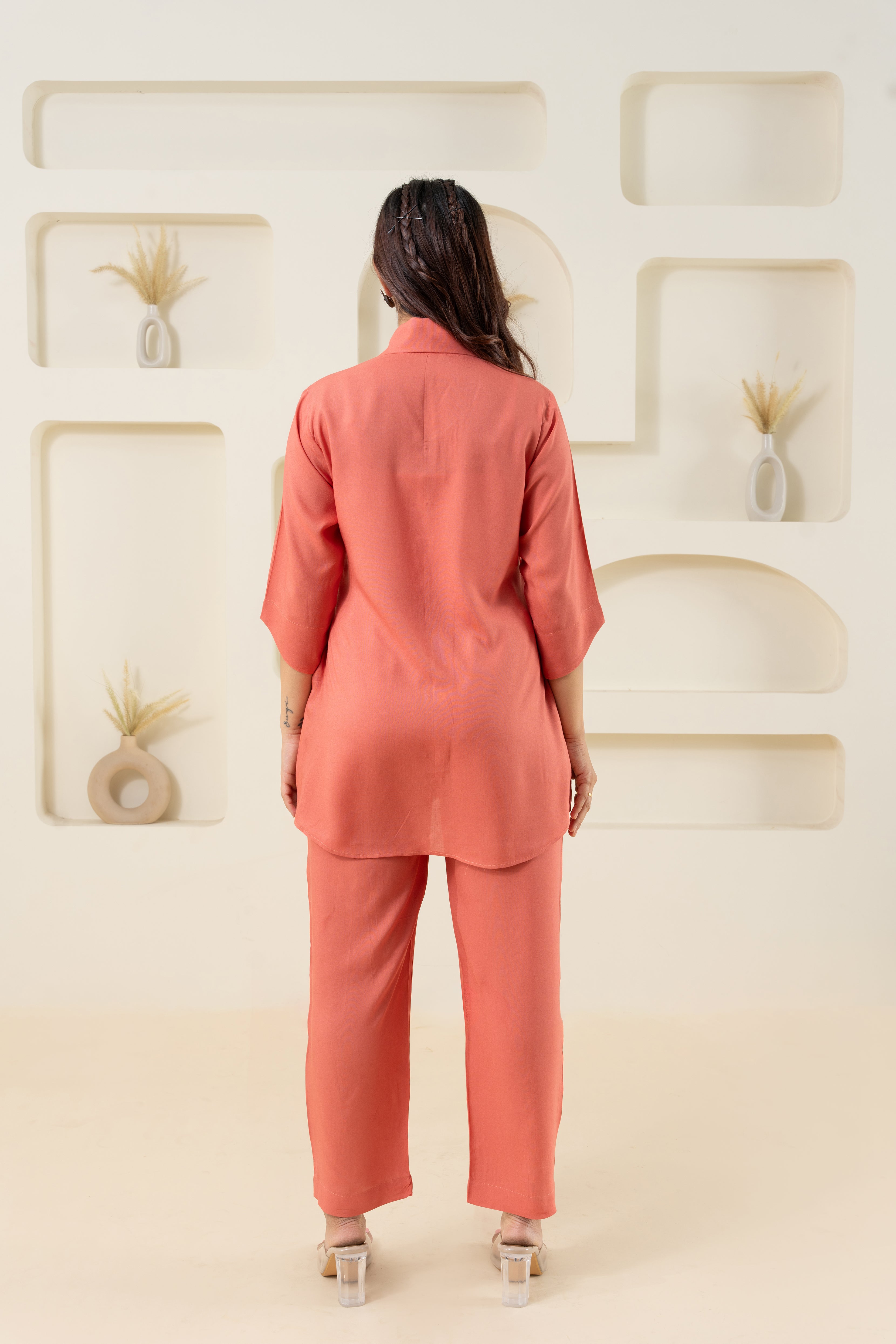 Peach Shawl Collar Solid Co-ord Set