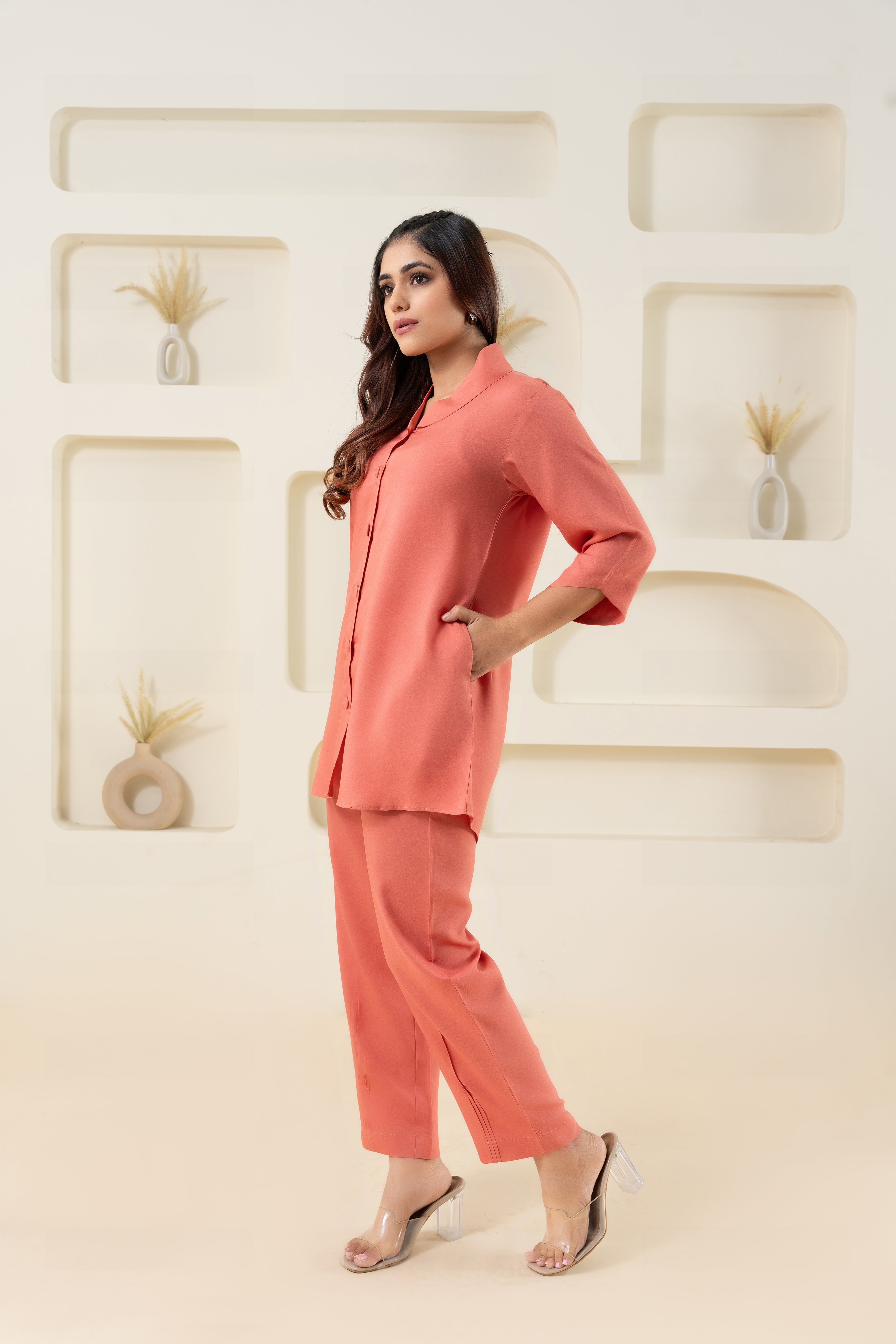 Peach Shawl Collar Solid Co-ord Set