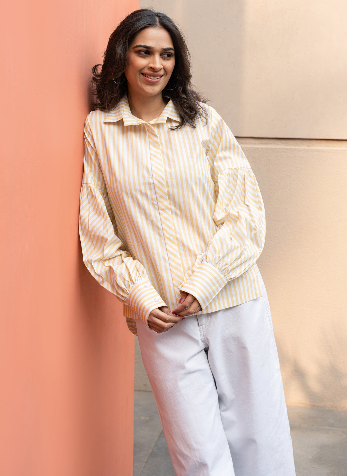 Yellow Stripe Pure Cotton Shirt with Puffed Sleeves