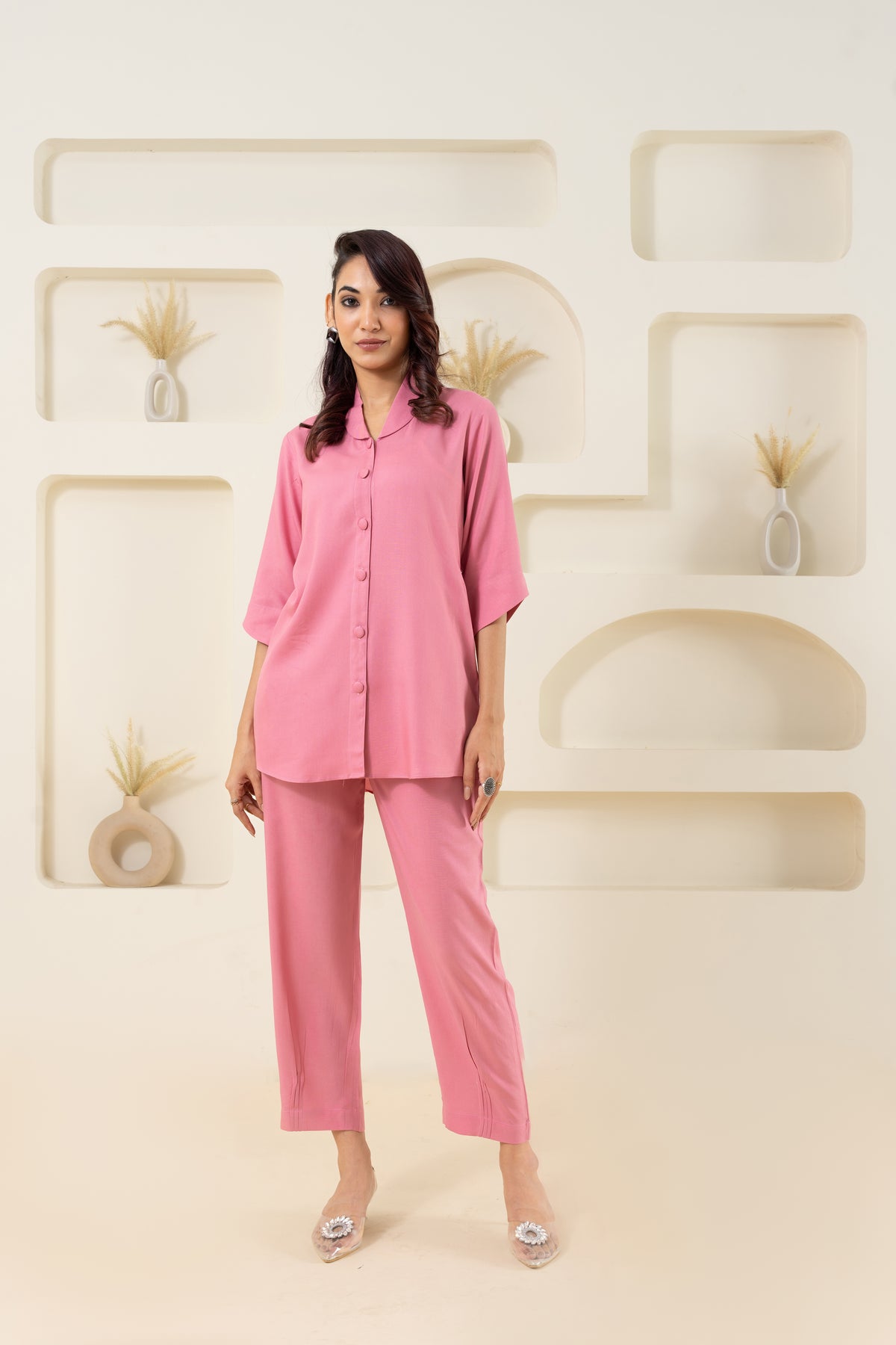 Pink Shawl Collar Solid Co-ord Set