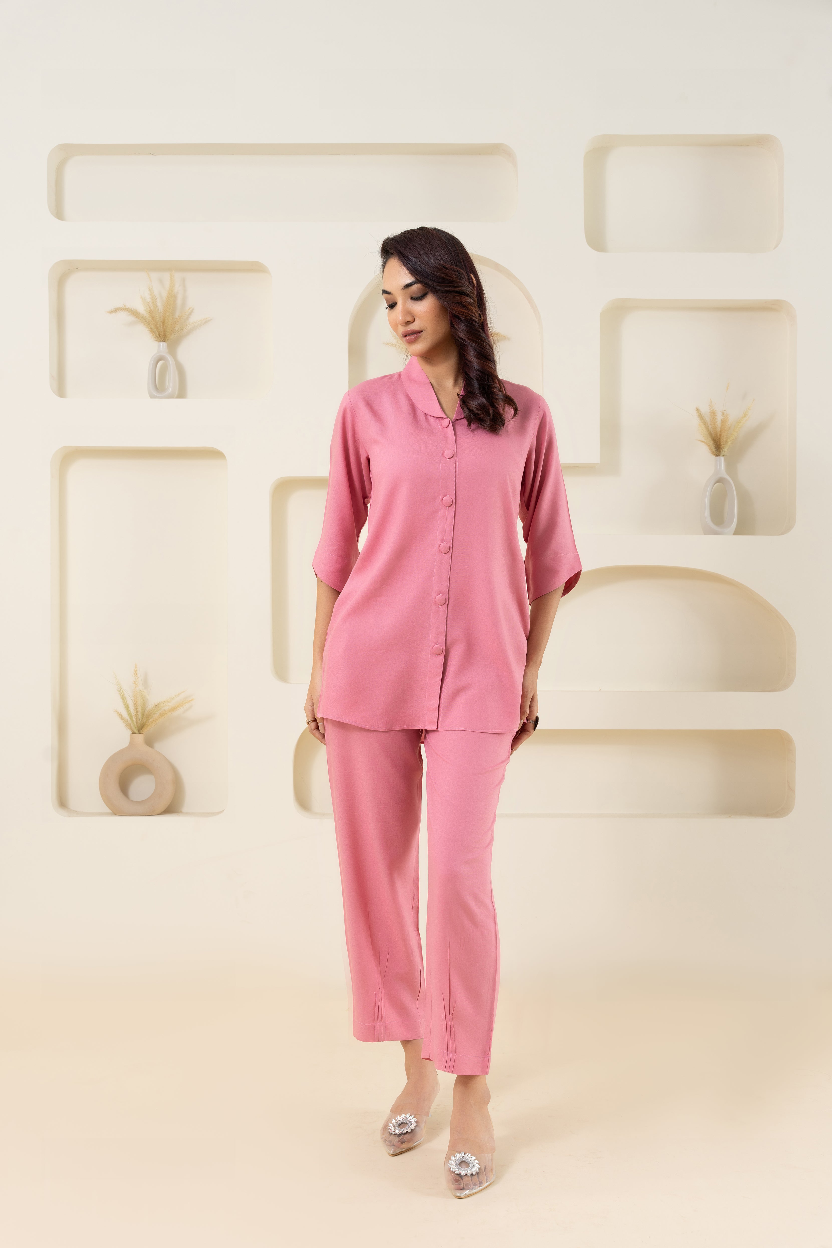 Pink Shawl Collar Solid Co-ord Set