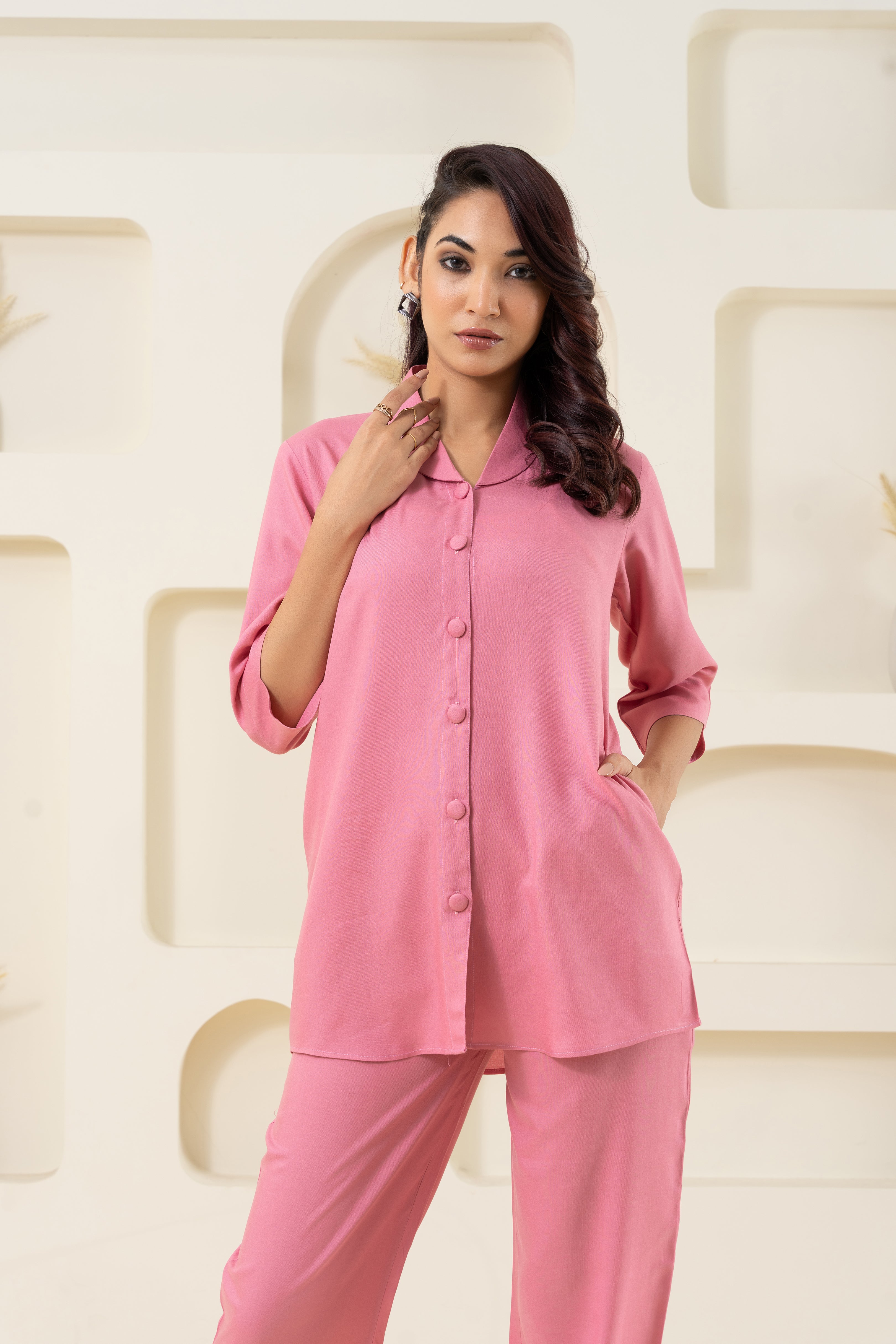 Pink Shawl Collar Solid Co-ord Set