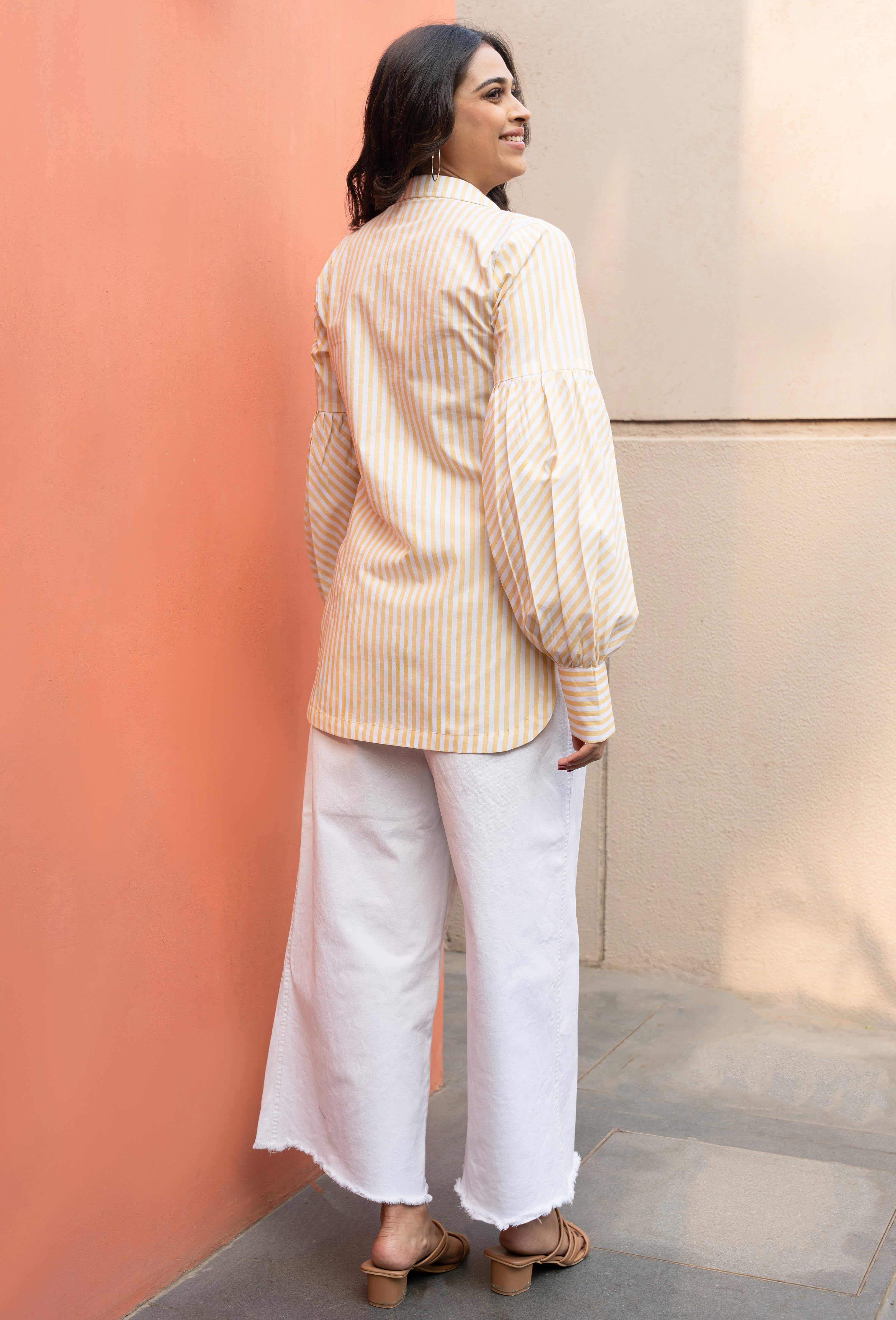 Yellow Stripe Pure Cotton Shirt with Puffed Sleeves