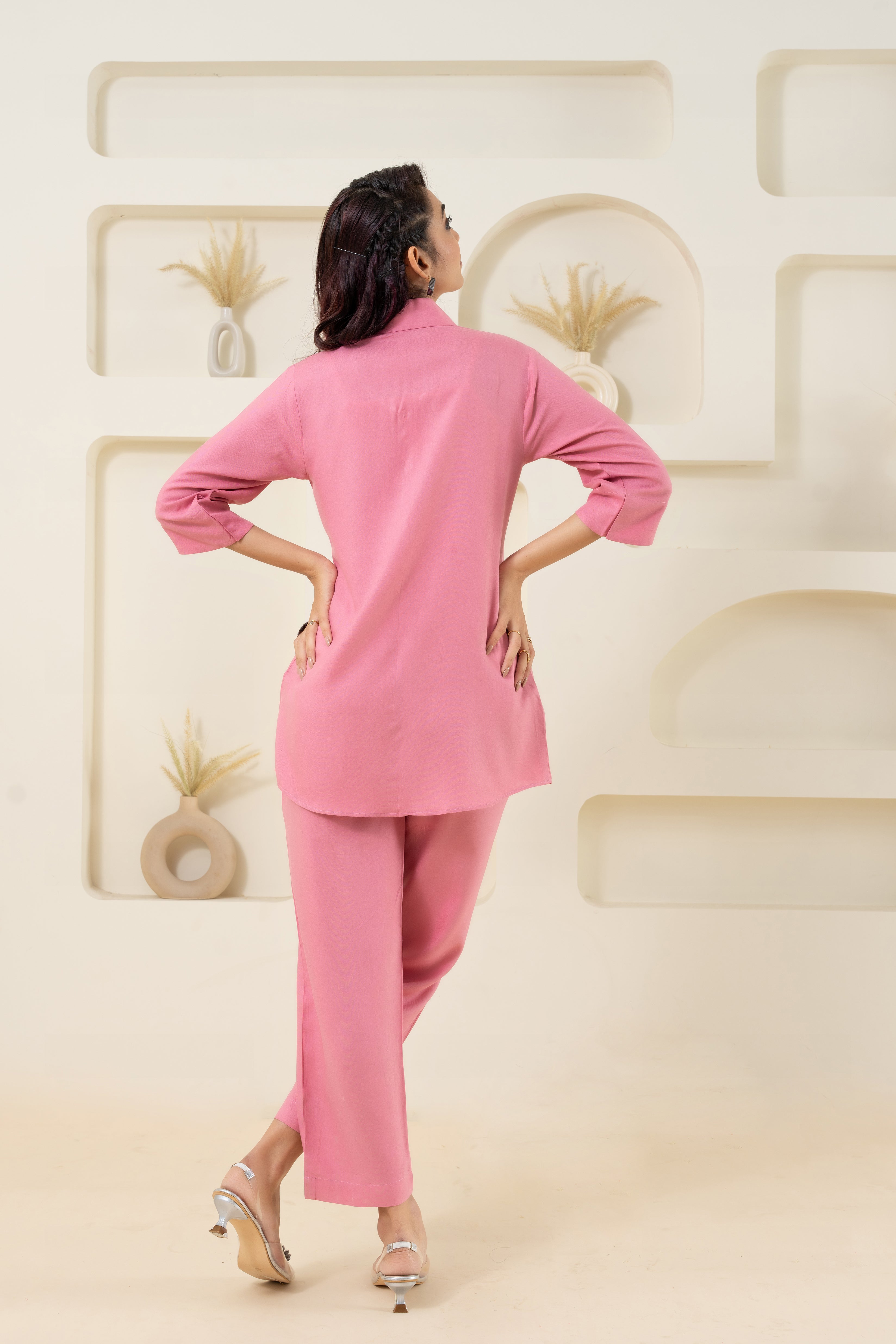 Pink Shawl Collar Solid Co-ord Set