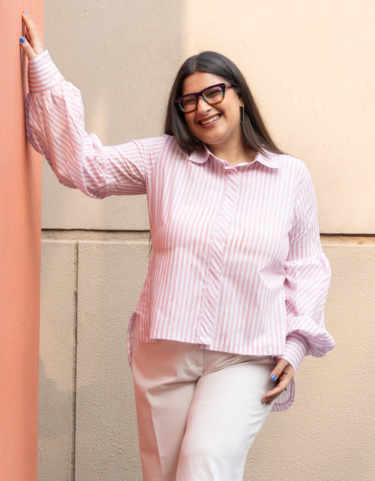 Baby Pink Stripe Pure Cotton Shirt with Puffed Sleeves