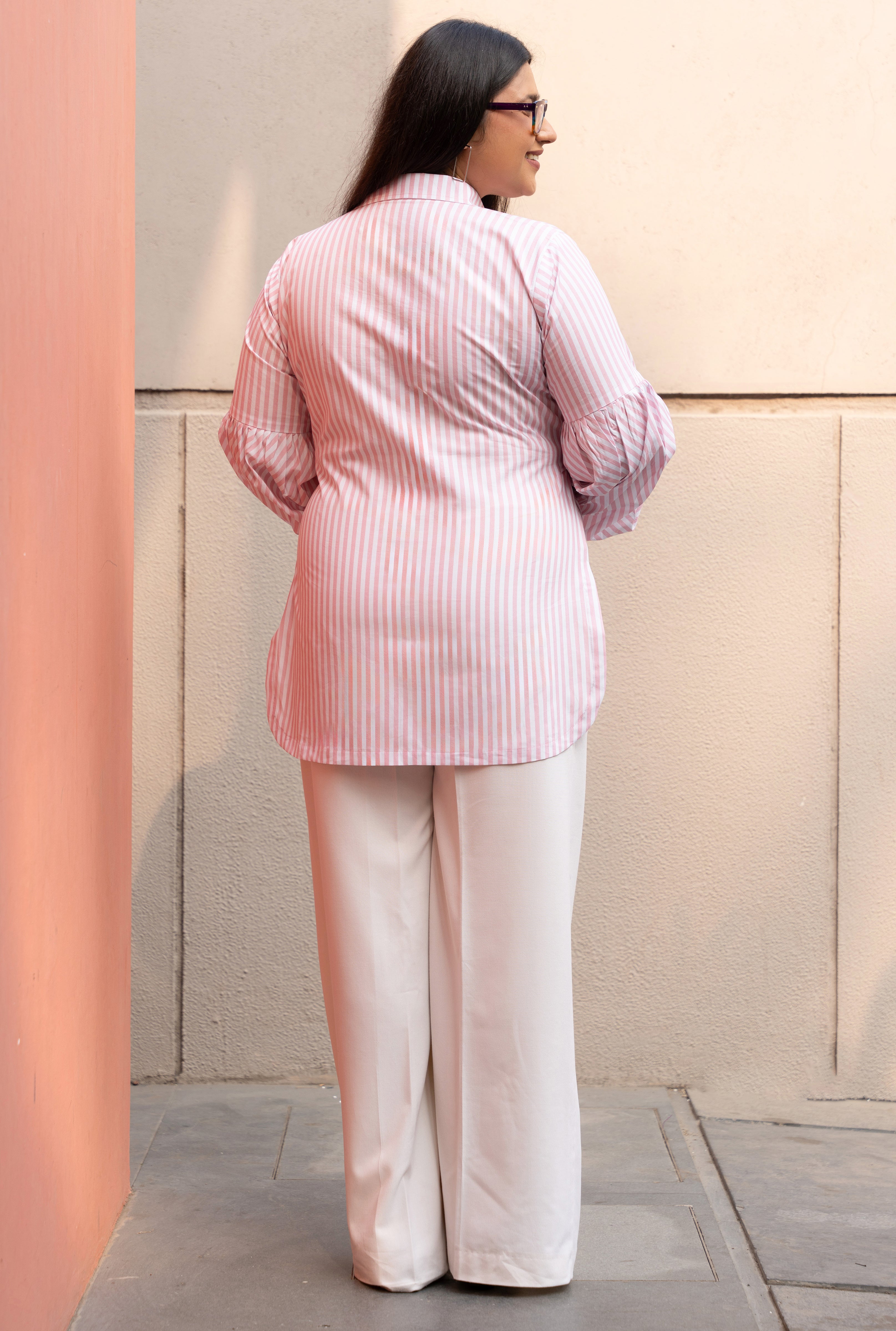 Baby Pink Stripe Pure Cotton Shirt with Puffed Sleeves