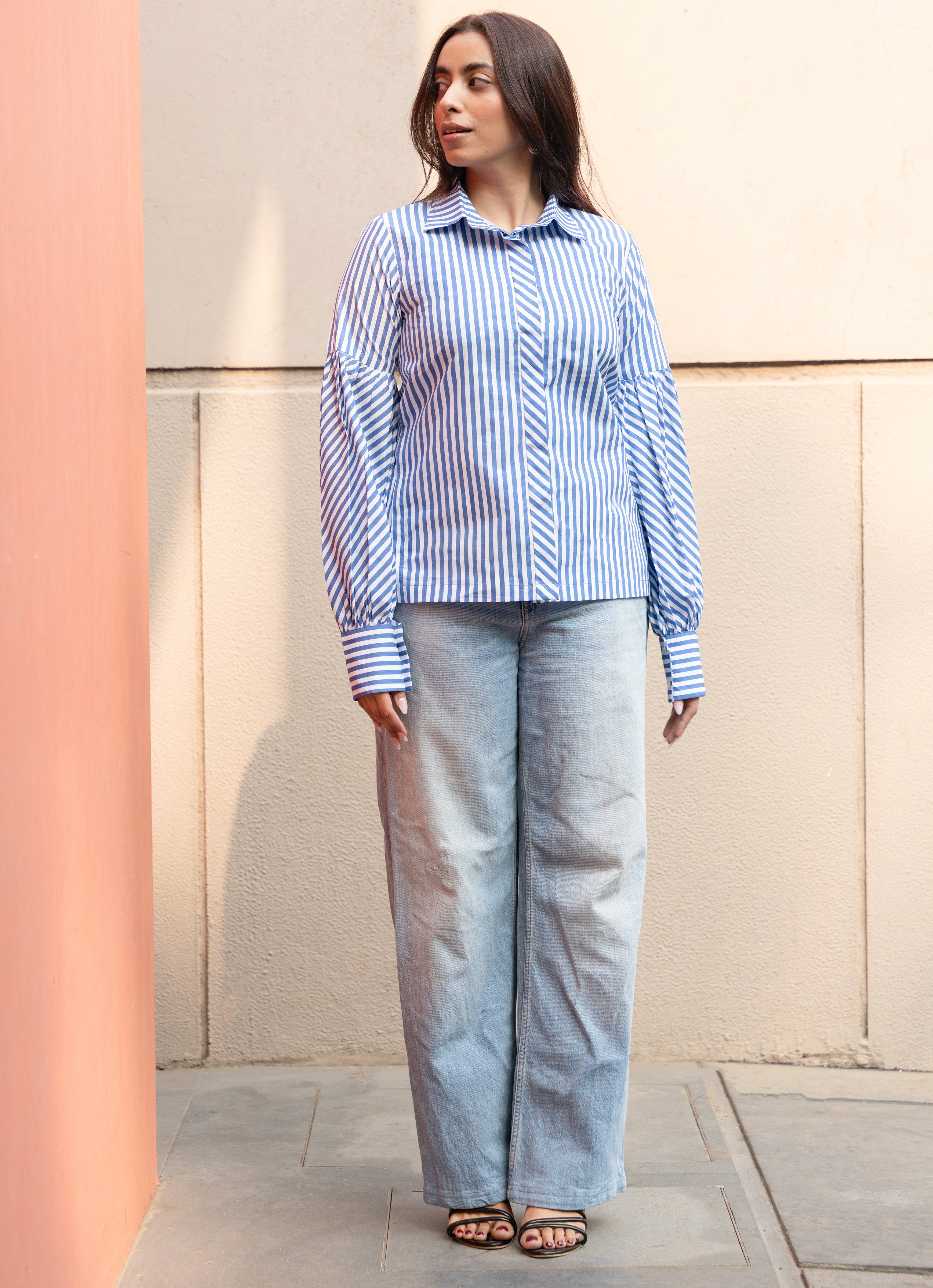 Blue Stripe Pure Cotton Shirt with Puffed Sleeves