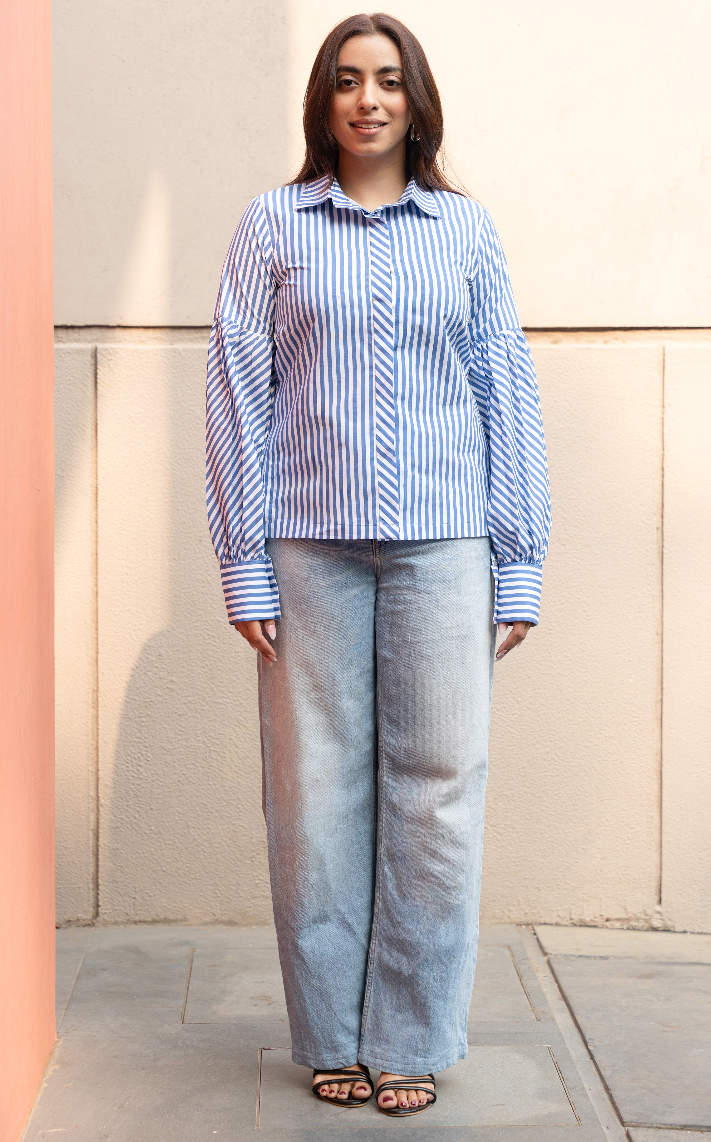 Blue Stripe Pure Cotton Shirt with Puffed Sleeves