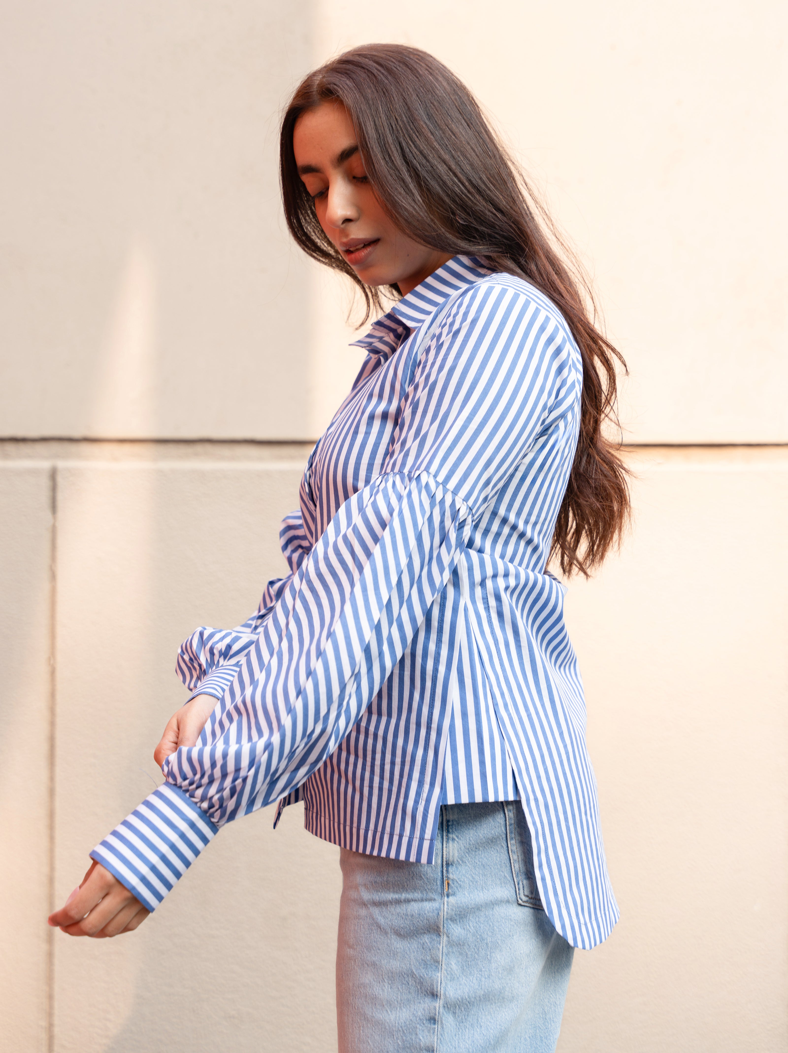 Blue Stripe Pure Cotton Shirt with Puffed Sleeves