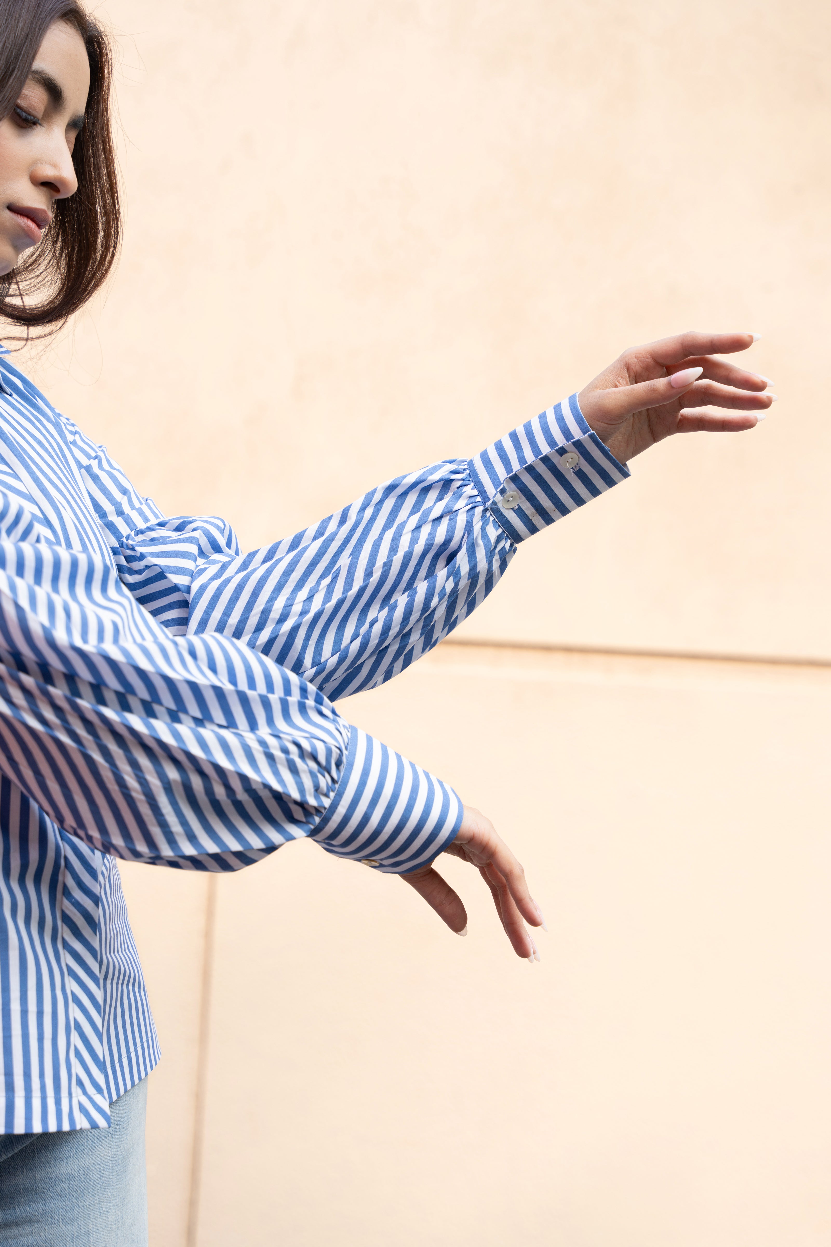 Blue Stripe Pure Cotton Shirt with Puffed Sleeves