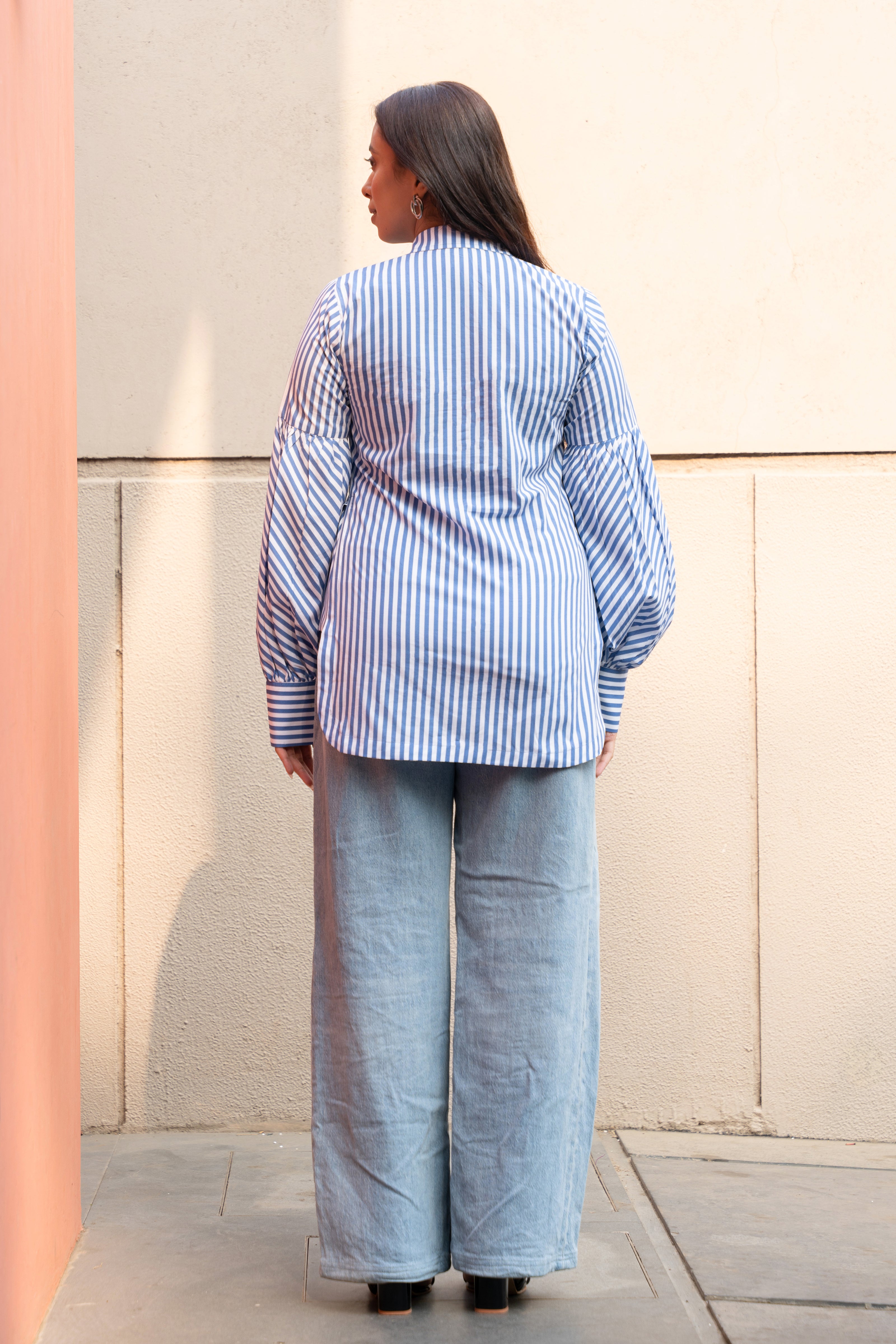 Blue Stripe Pure Cotton Shirt with Puffed Sleeves