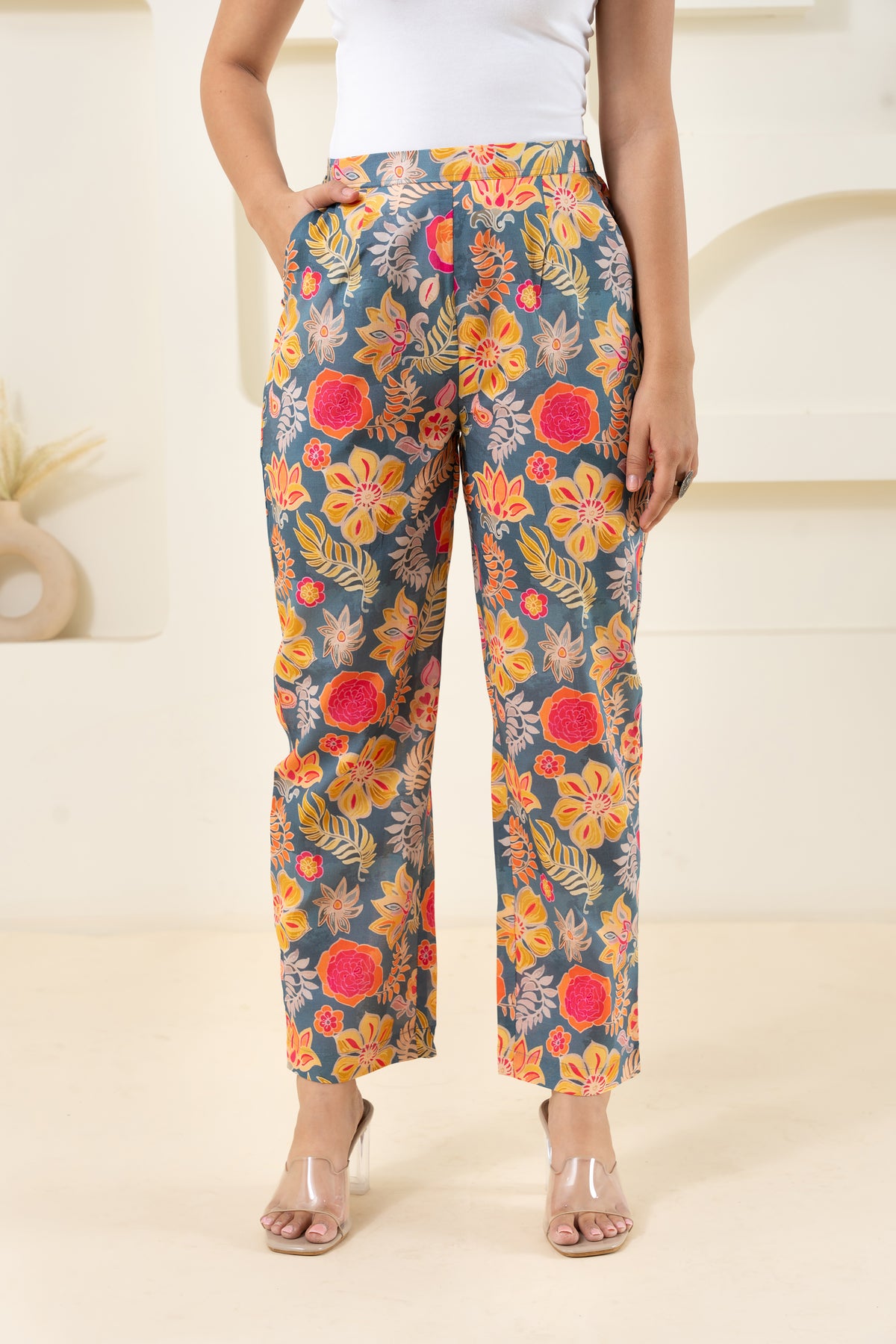 Grey Floral Printed Pure Cotton Pant