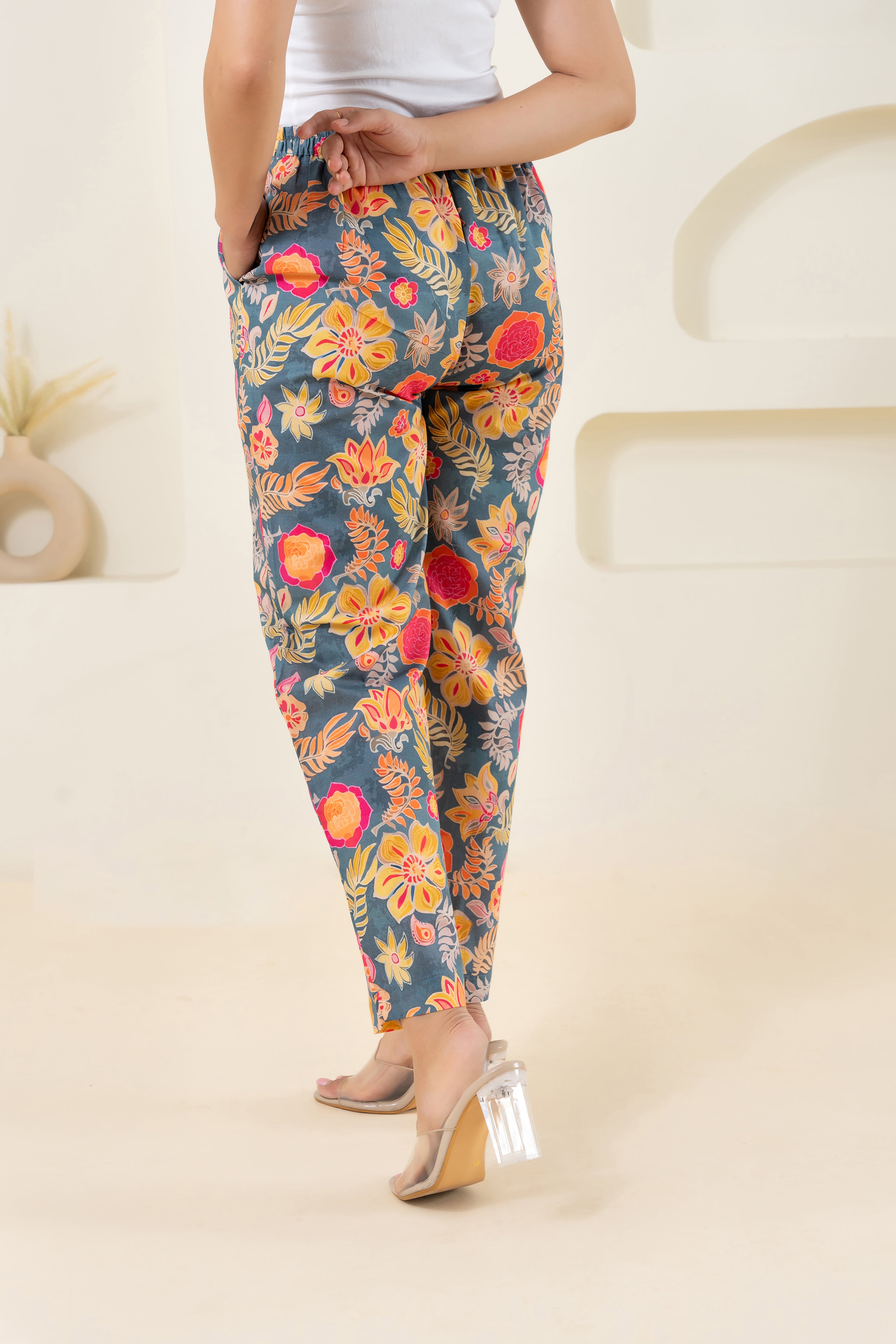 Grey Floral Printed Pure Cotton Pant