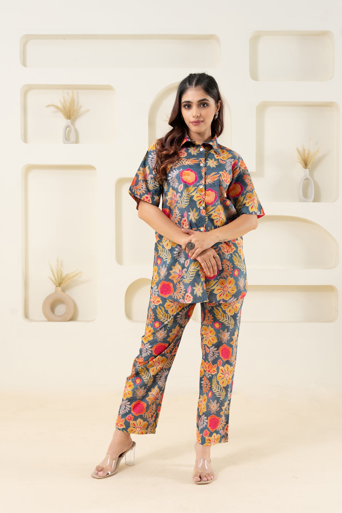 Grey Multi Color Floral Pure Cotton Printed Co-ord Set