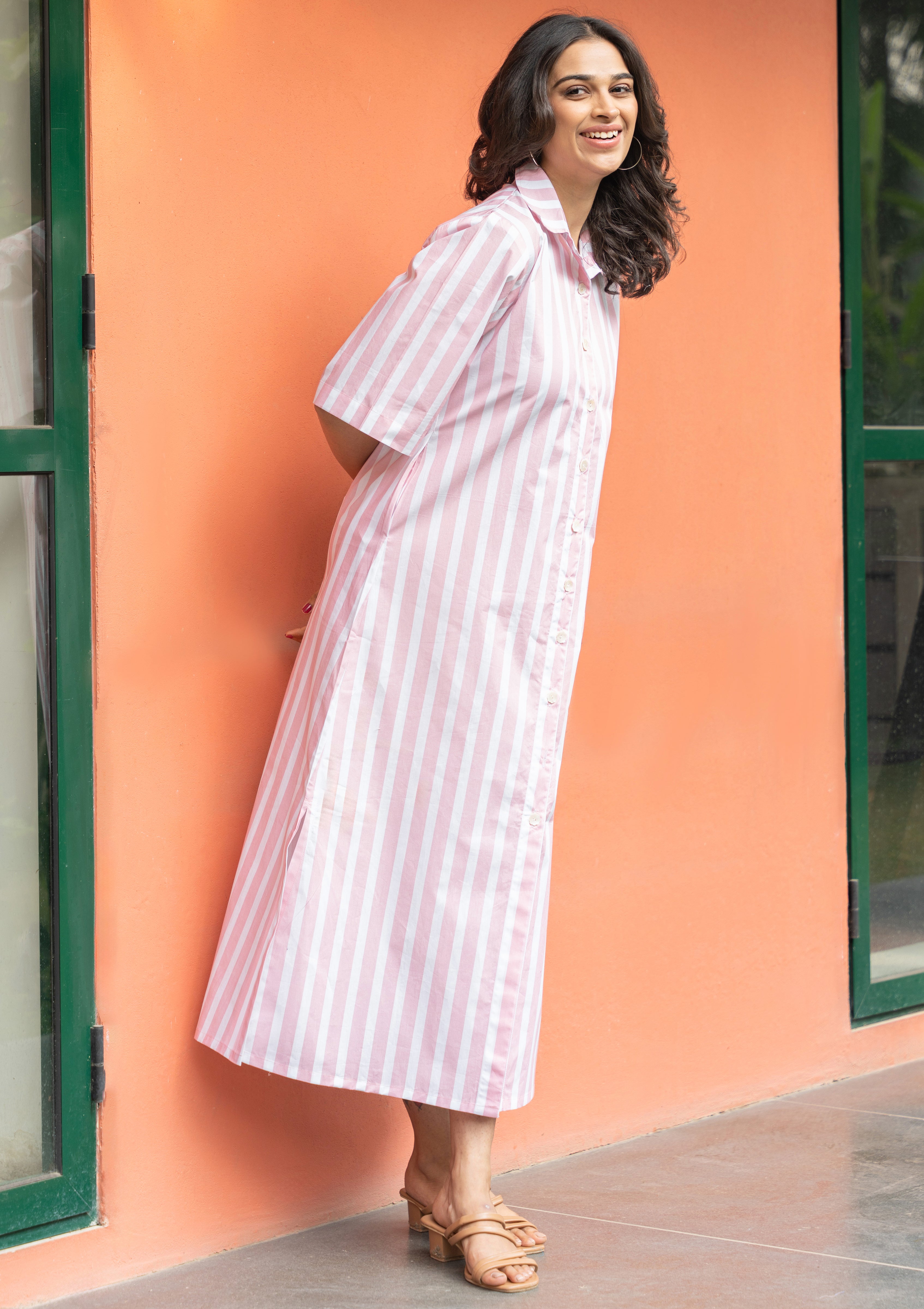 Pink Broad Stripe Pure Cotton Shirt Dress