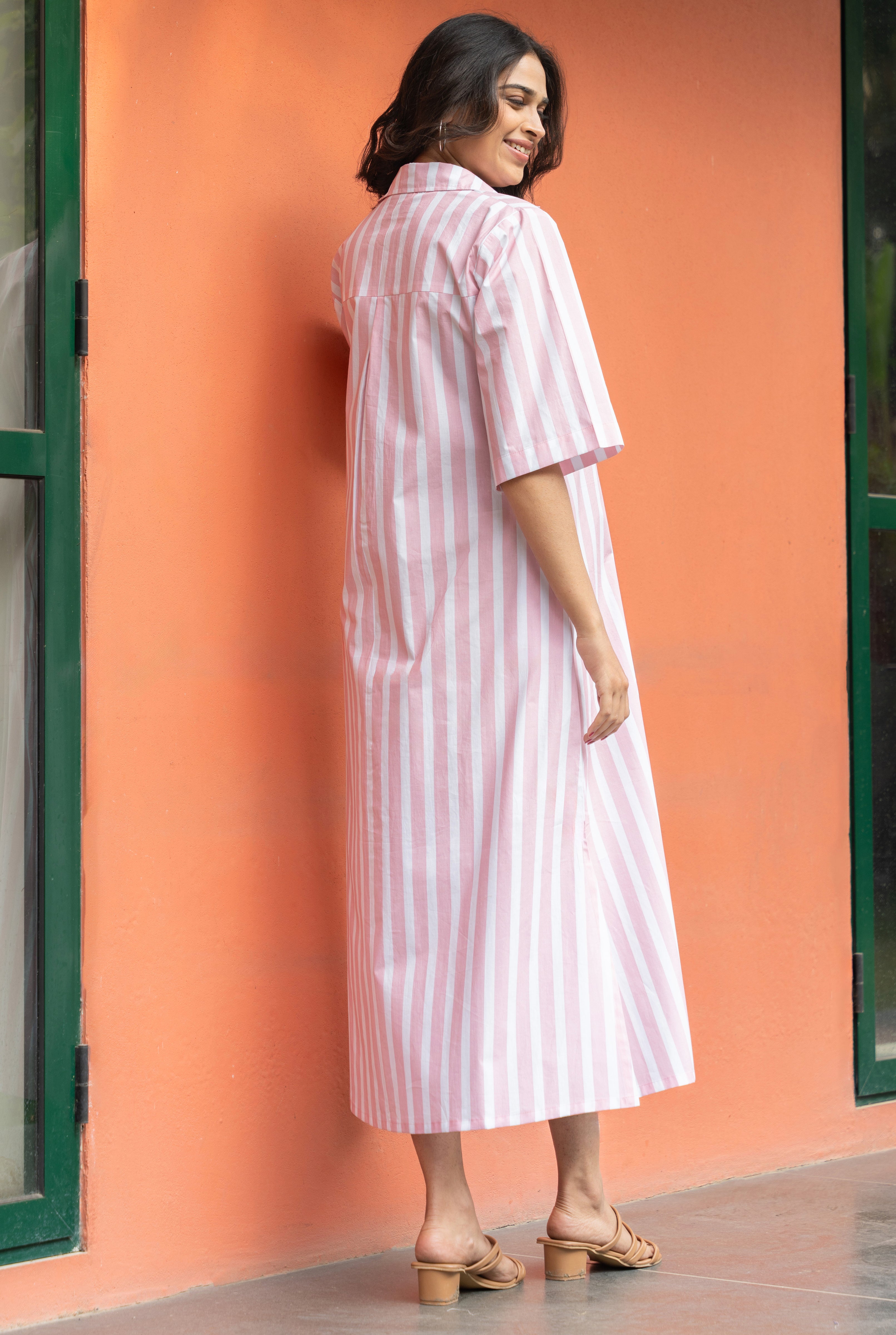 Pink Broad Stripe Pure Cotton Shirt Dress