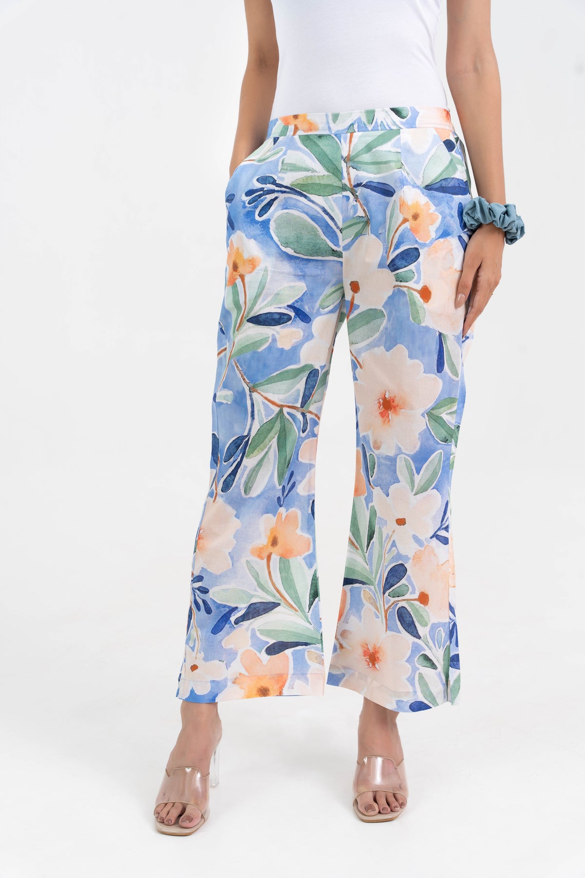 Sky Blue Printed Floral Broad Fit Pure Cotton Pant