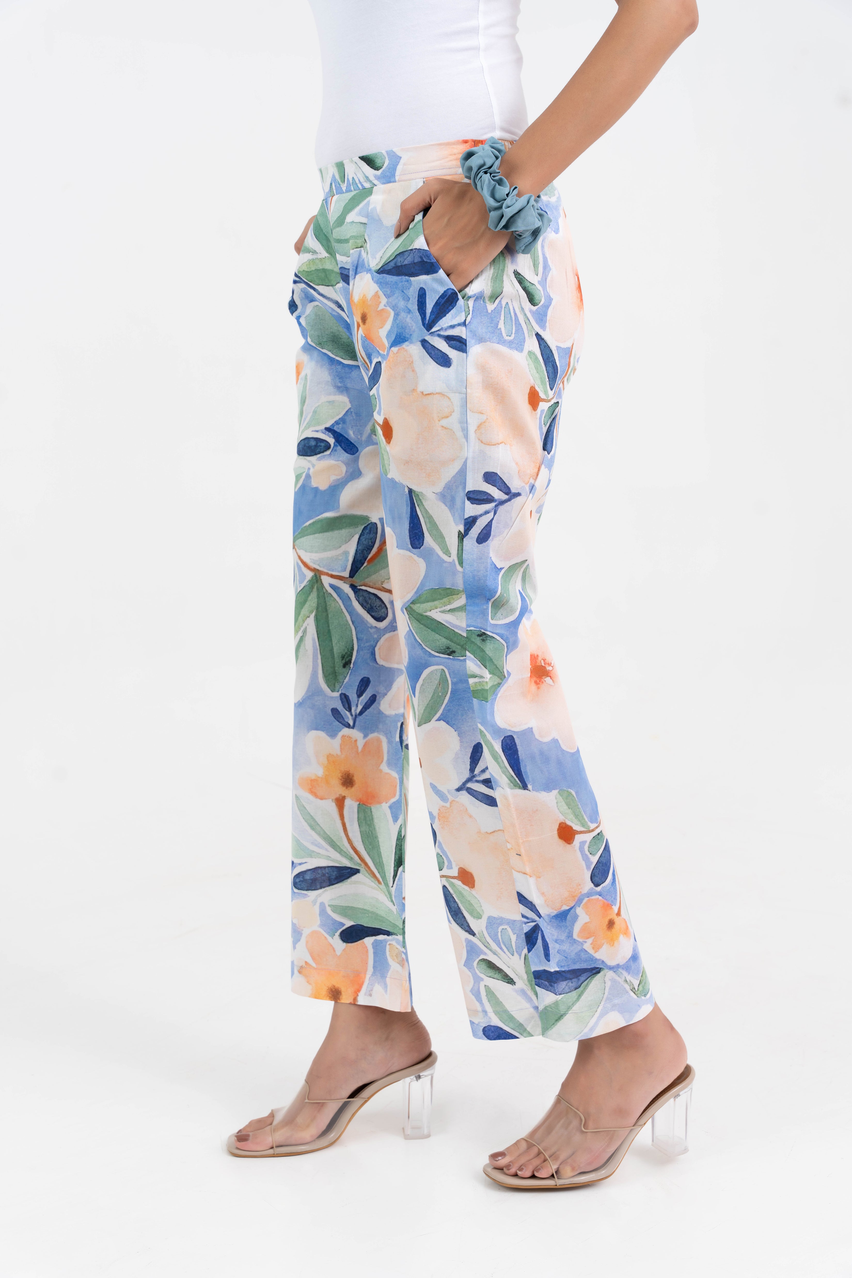 Sky Blue Printed Floral Broad Fit Pure Cotton Pant