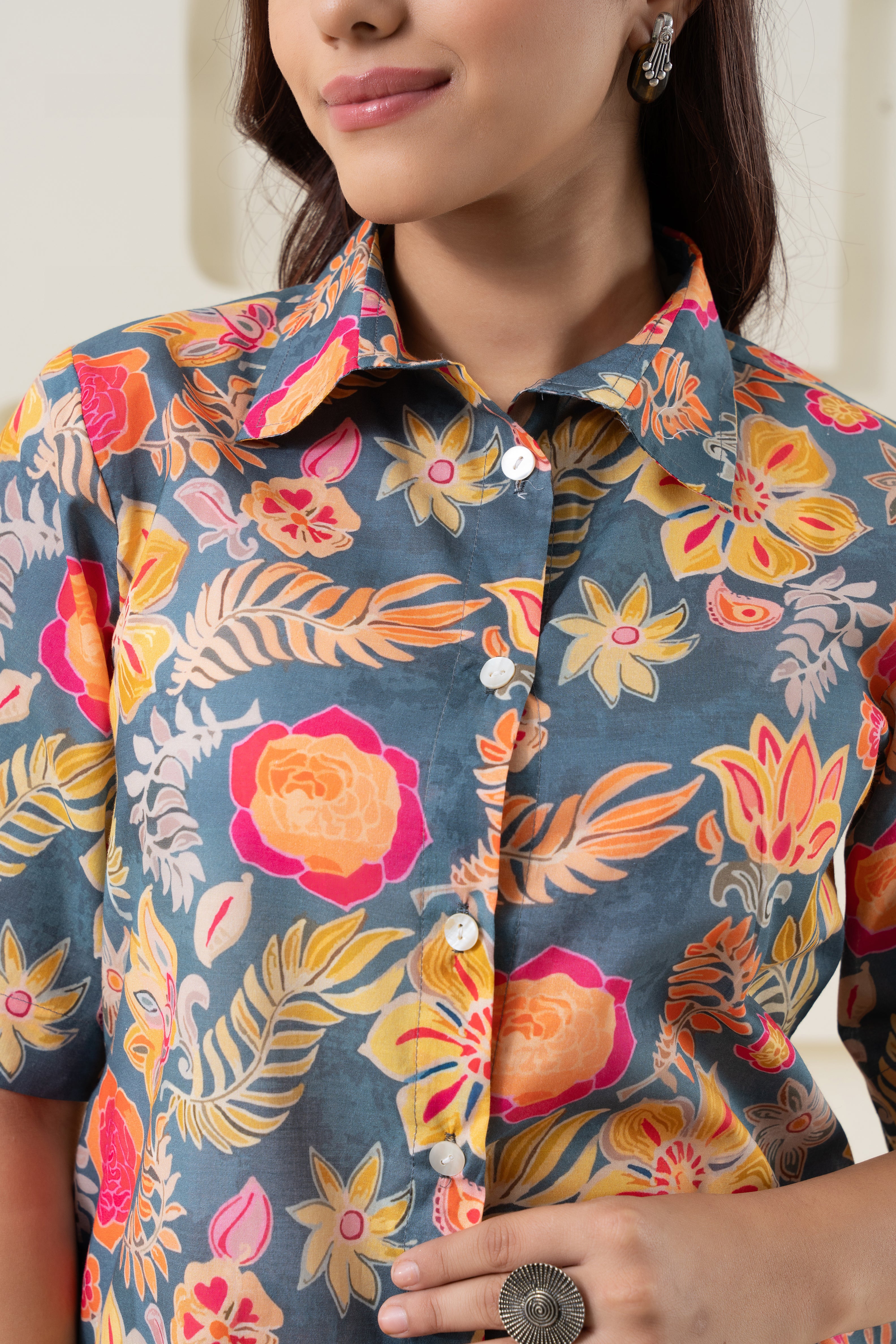 Grey Multi Color Floral Pure Cotton Printed (Shirt)