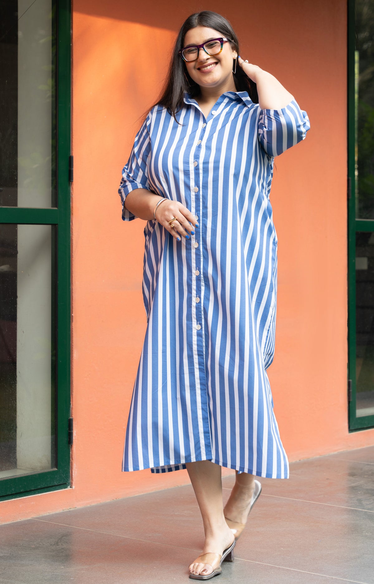 Blue Broad Stripe Pure Cotton Shirt Dress