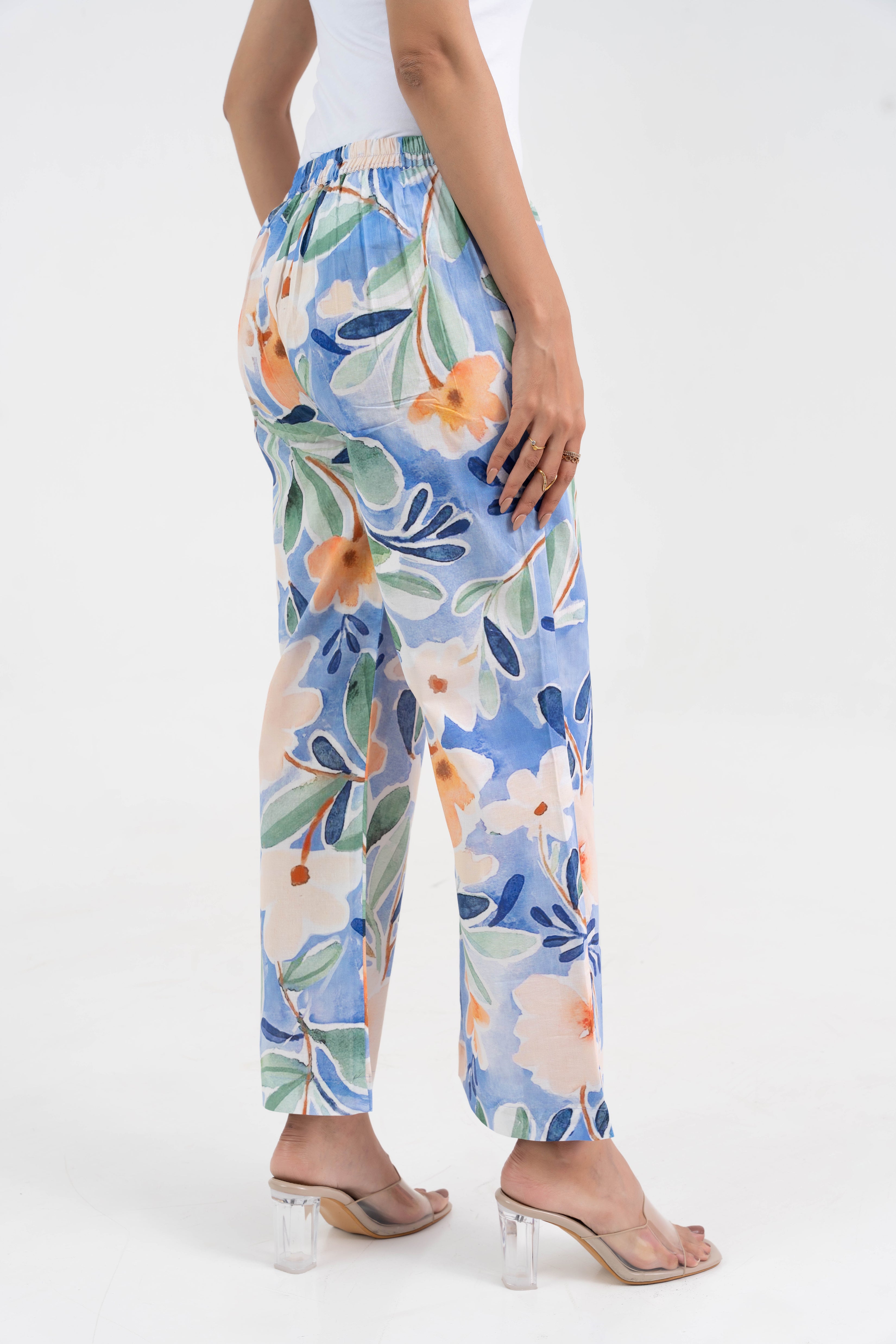 Sky Blue Printed Floral Broad Fit Pure Cotton Pant