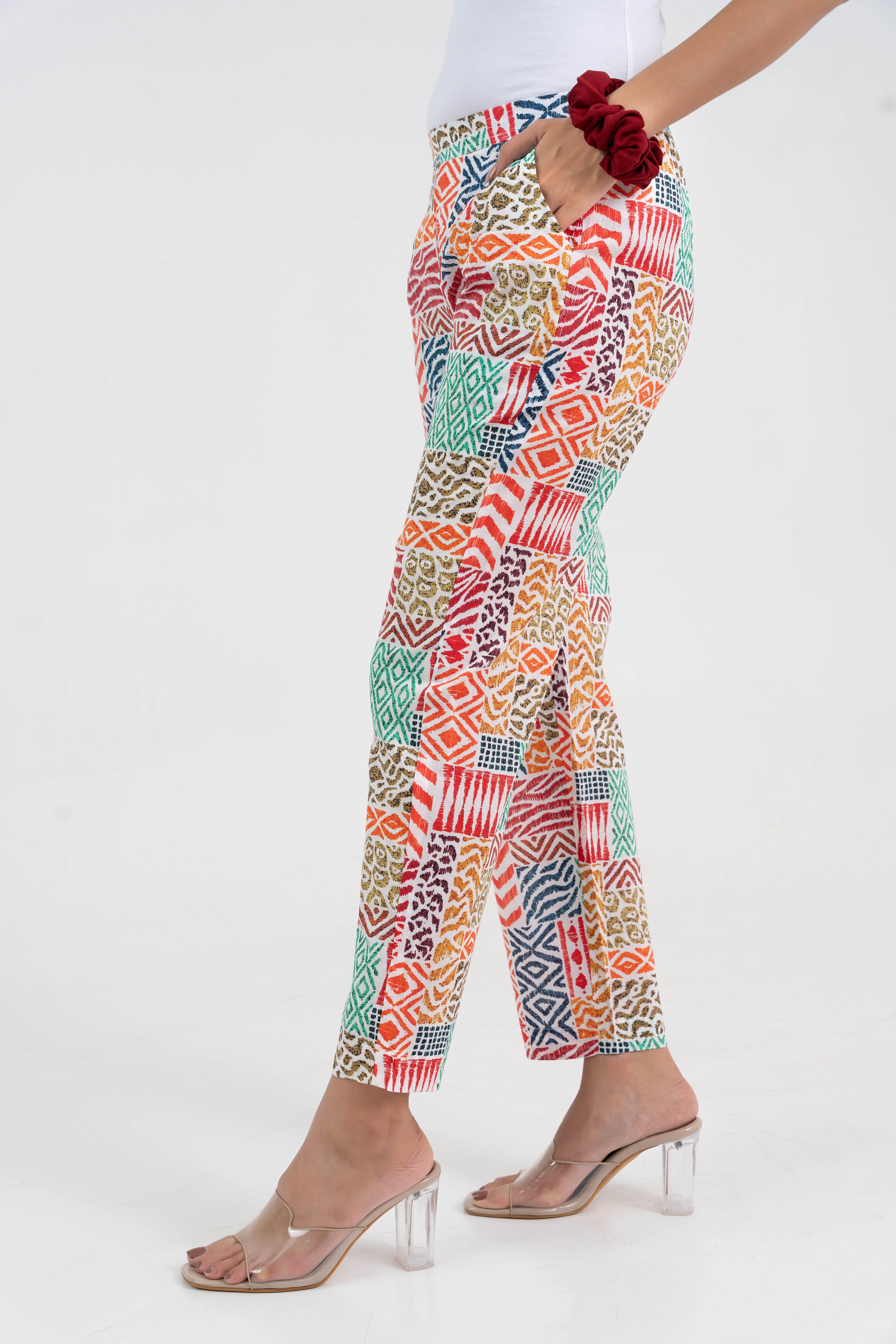 Abstract Printed Multicolour Broad Fit Pure Cotton Pant