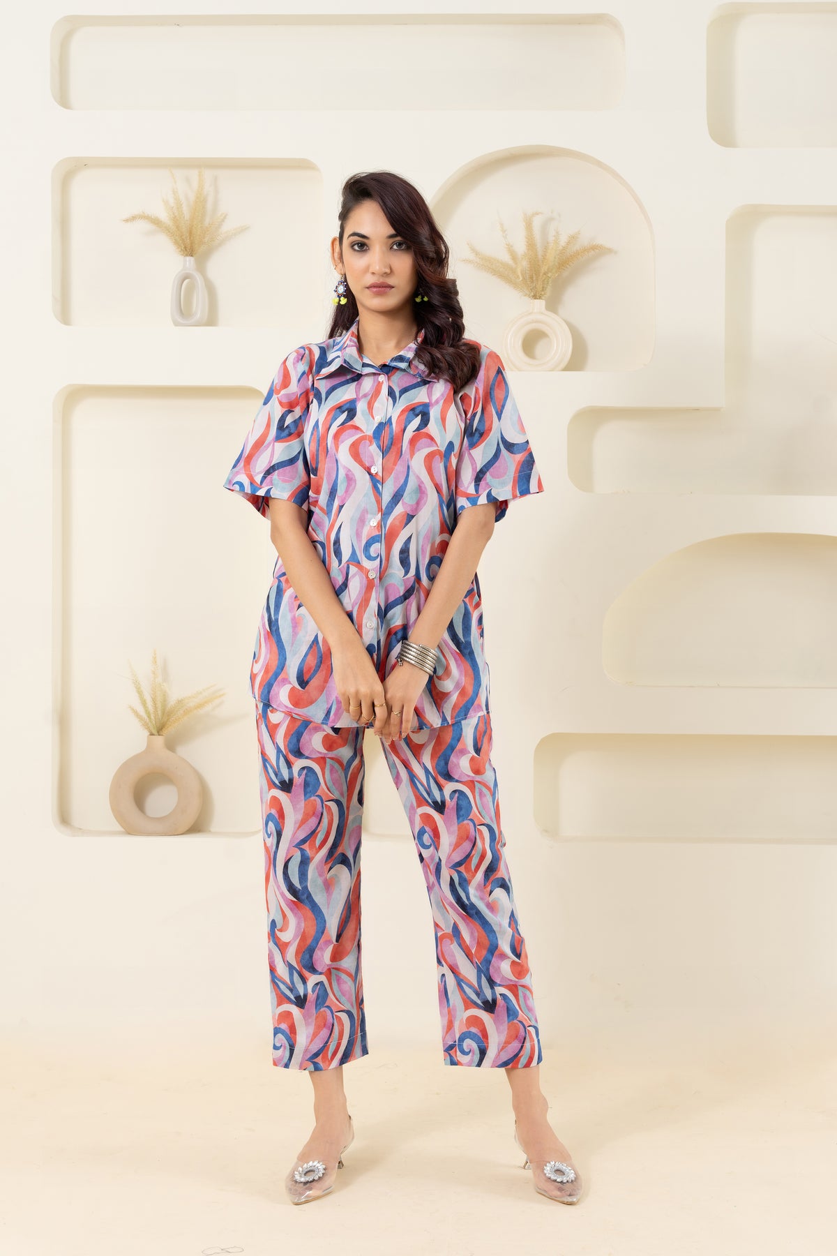 Abstract Wave Printed Pure Cotton Off White Co-ord Set