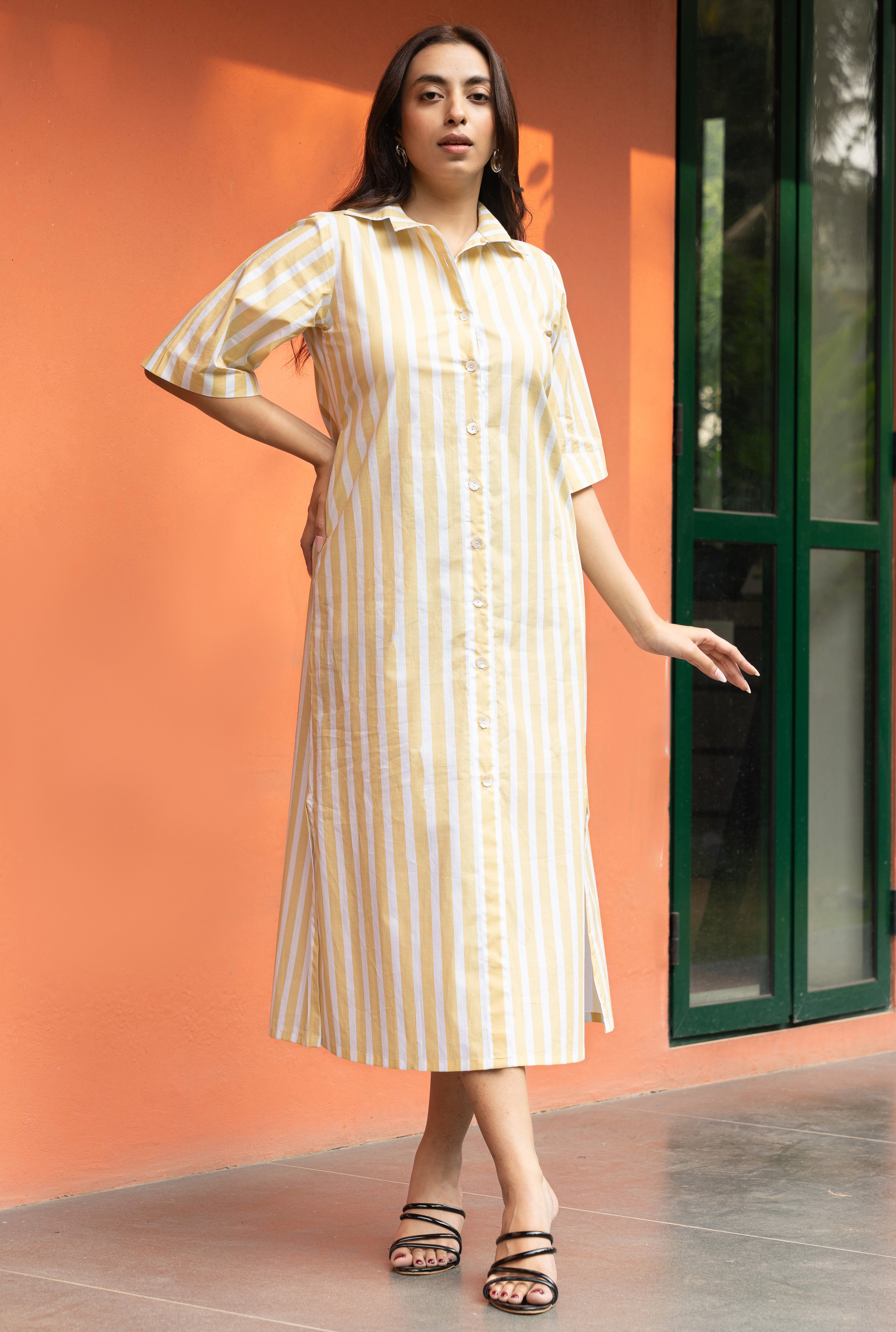 Yellow Broad Stripe Pure Cotton Shirt Dress