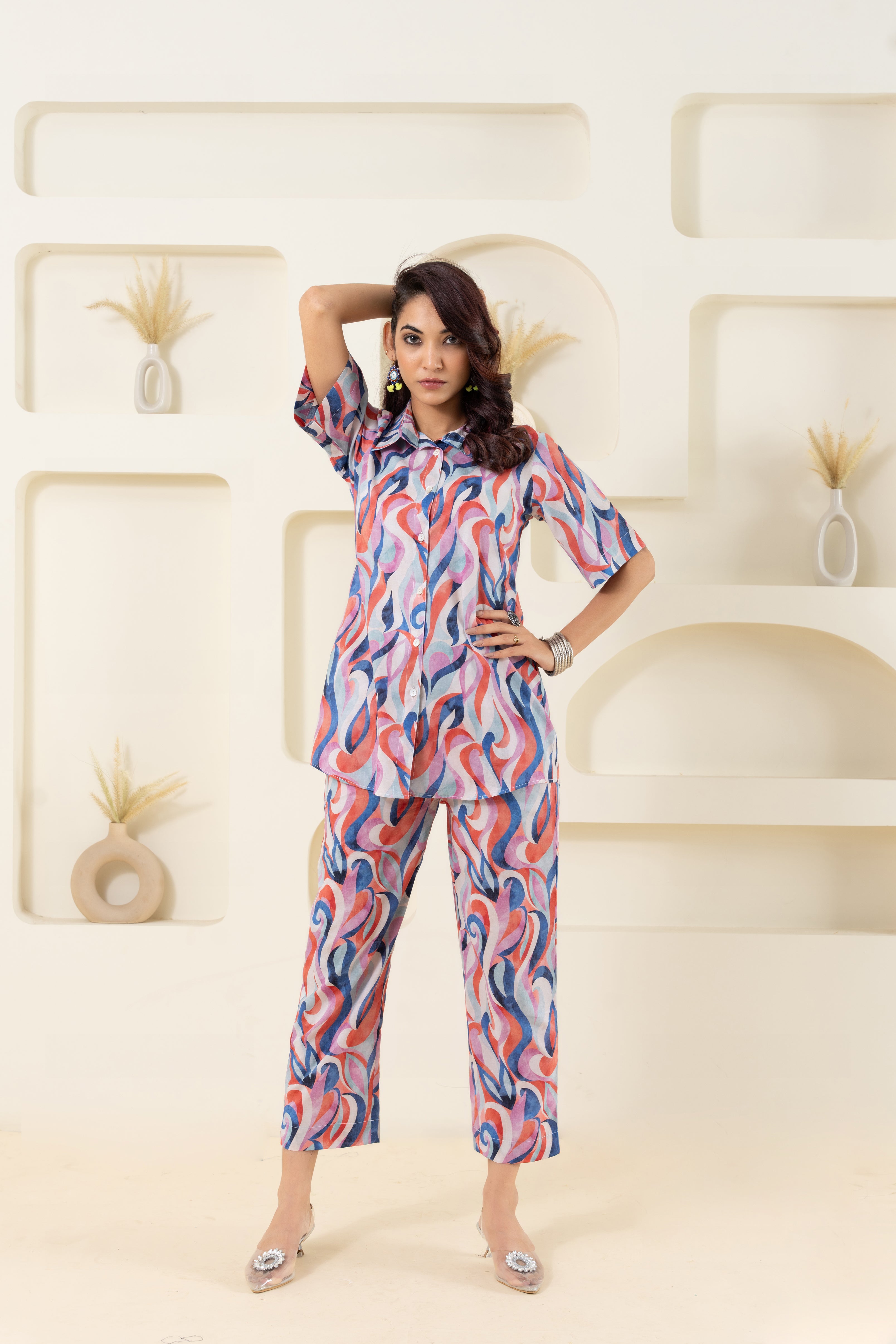 Abstract Wave Printed Pure Cotton Off White Co-ord Set