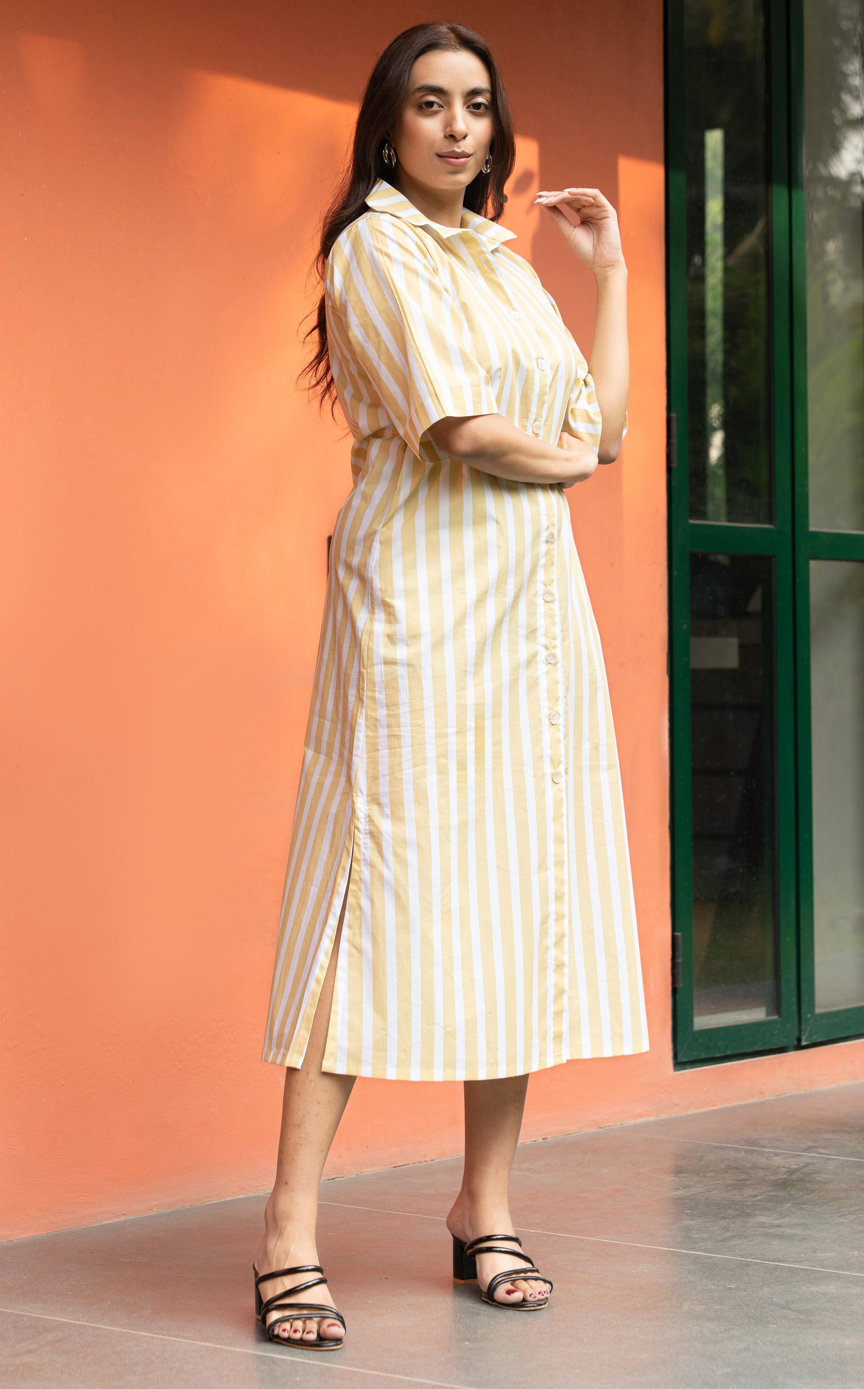 Yellow Broad Stripe Pure Cotton Shirt Dress