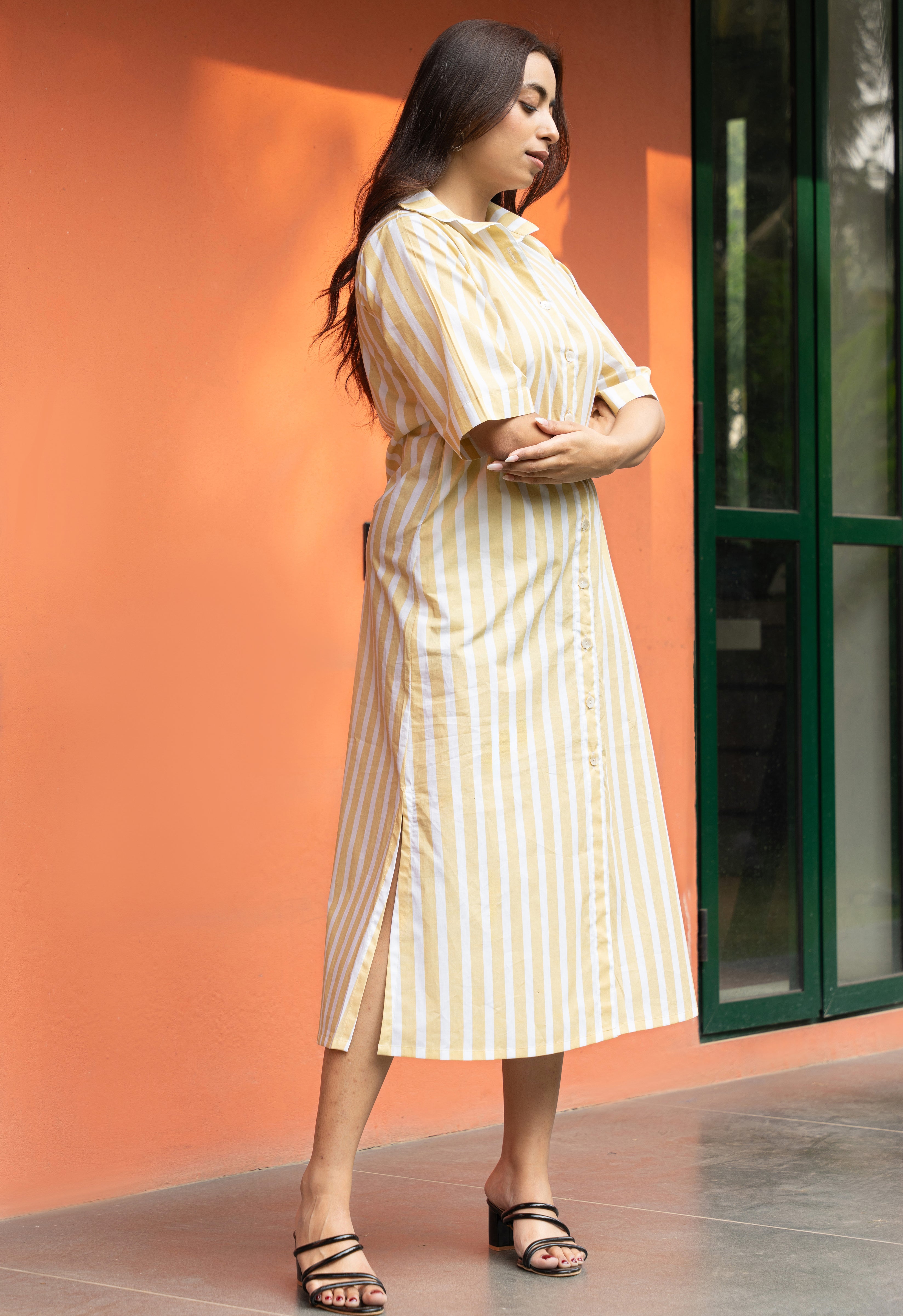 Yellow Broad Stripe Pure Cotton Shirt Dress