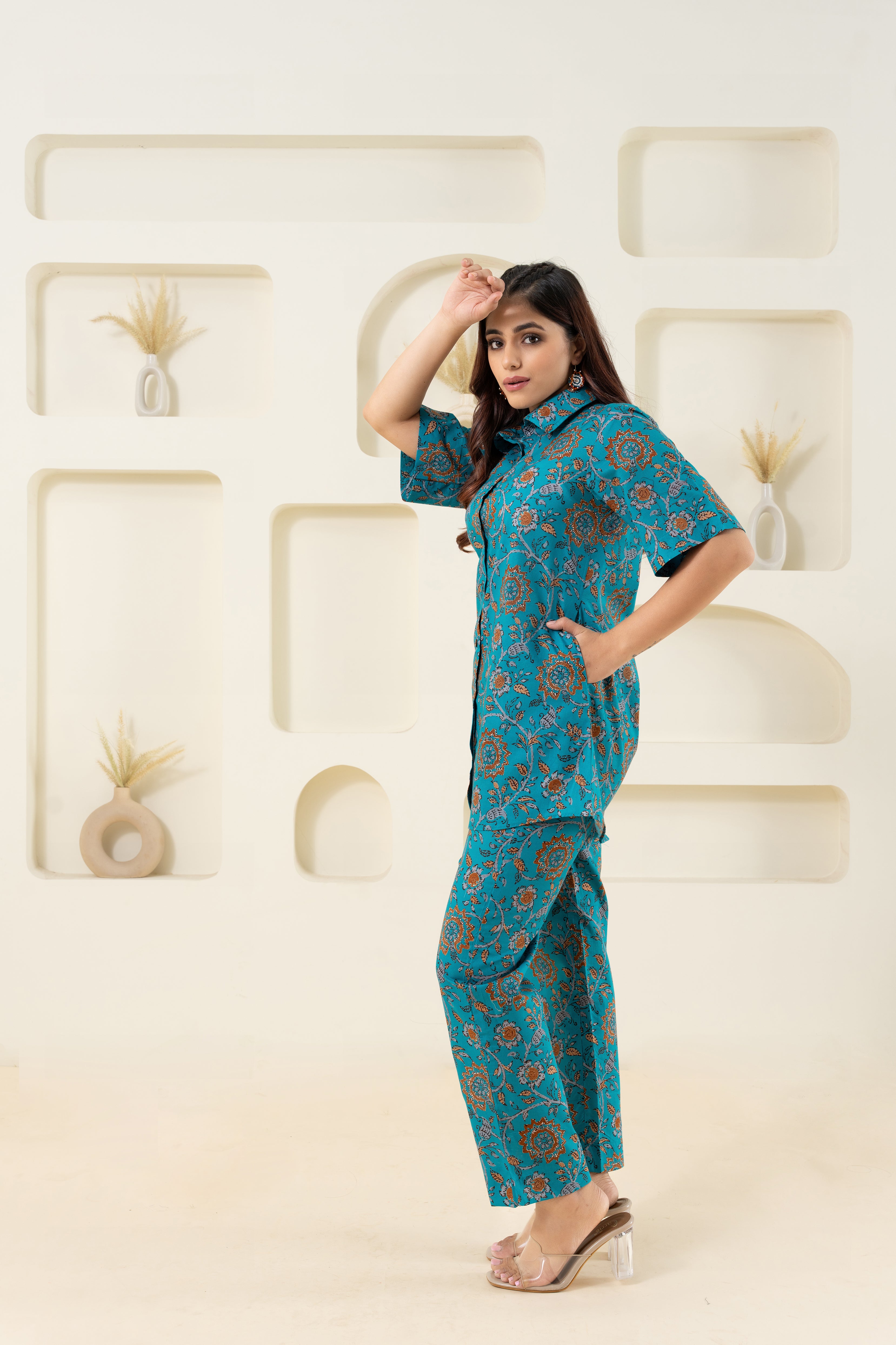 Cyan Block Printed Pure Cotton Co-ord Set