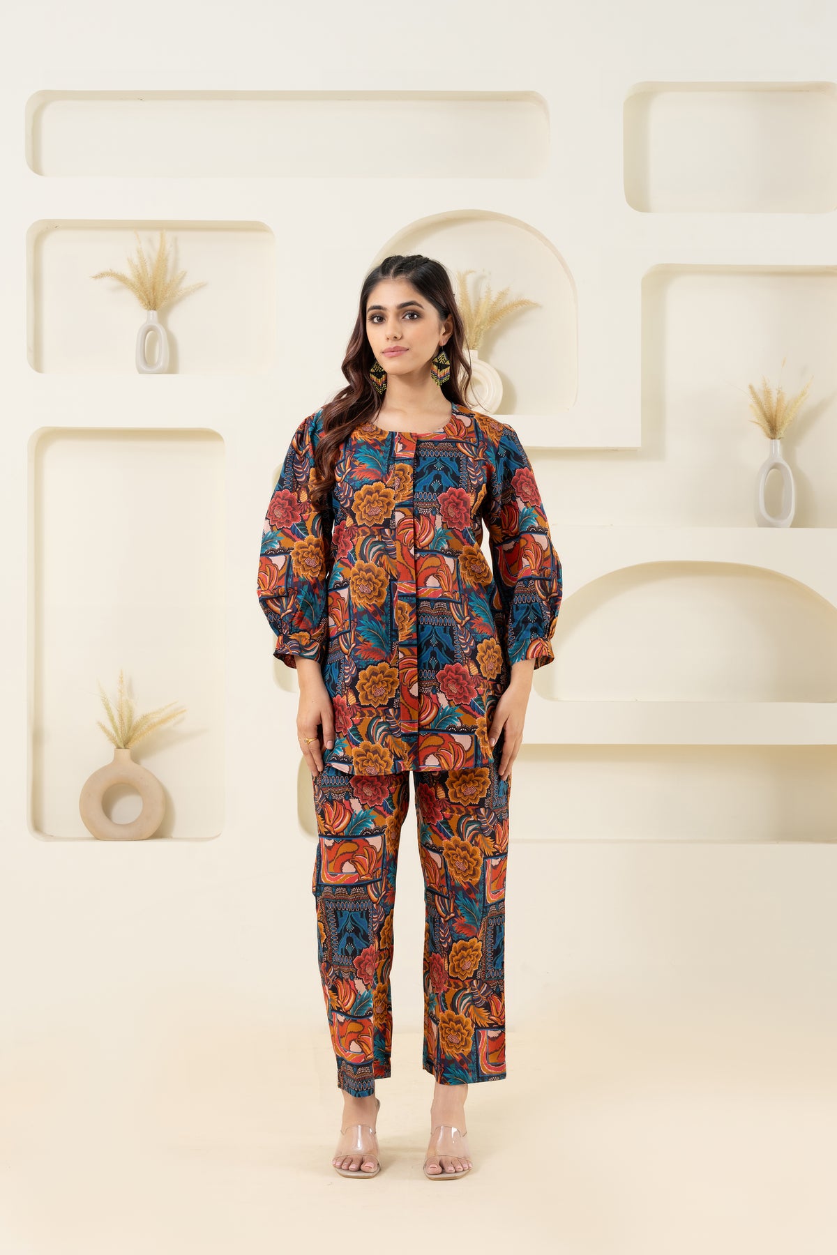 Abstract Printed Pure Cotton Co-ord Set With Puffed Sleeves