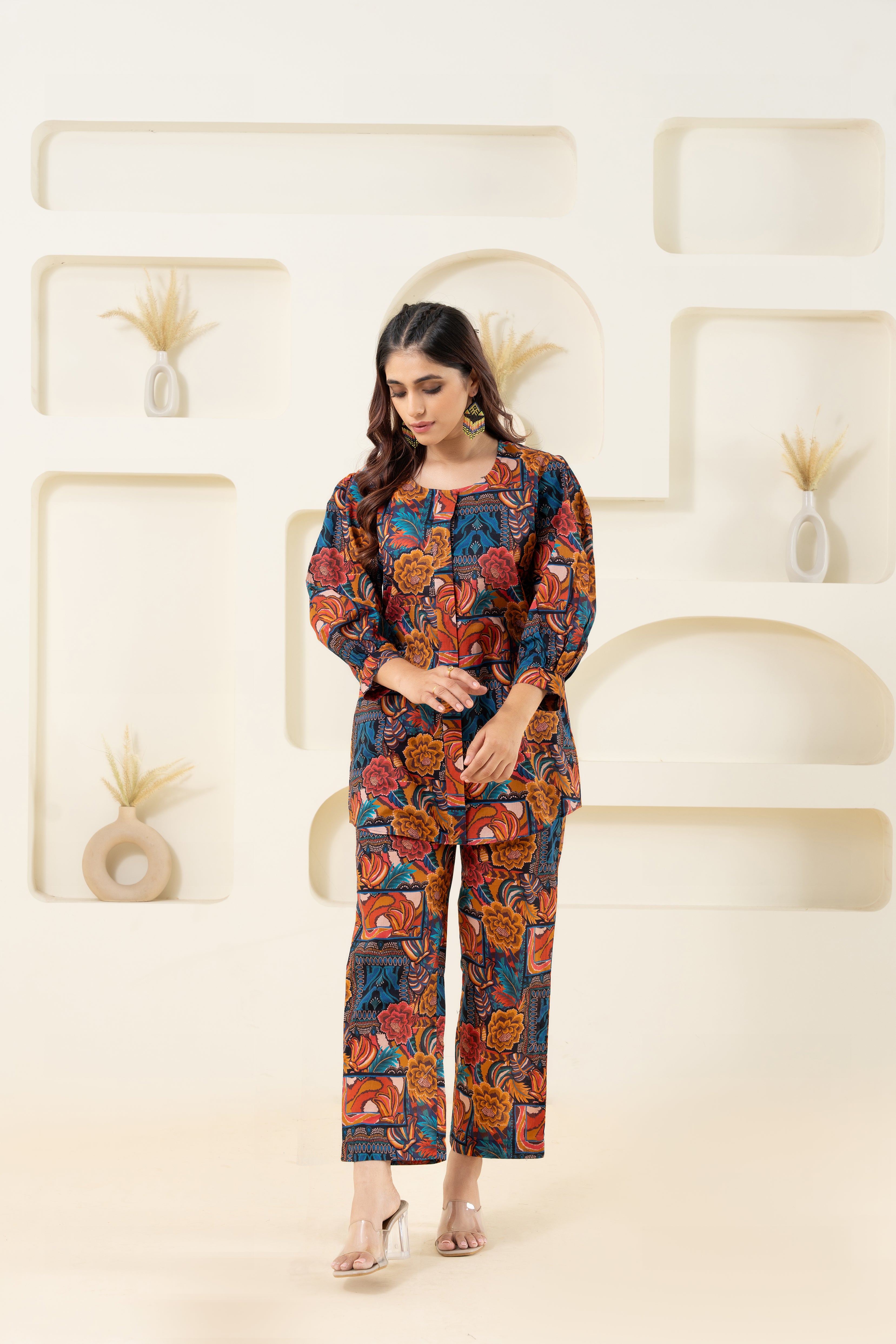 Abstract Printed Pure Cotton Co-ord Set With Puffed Sleeves