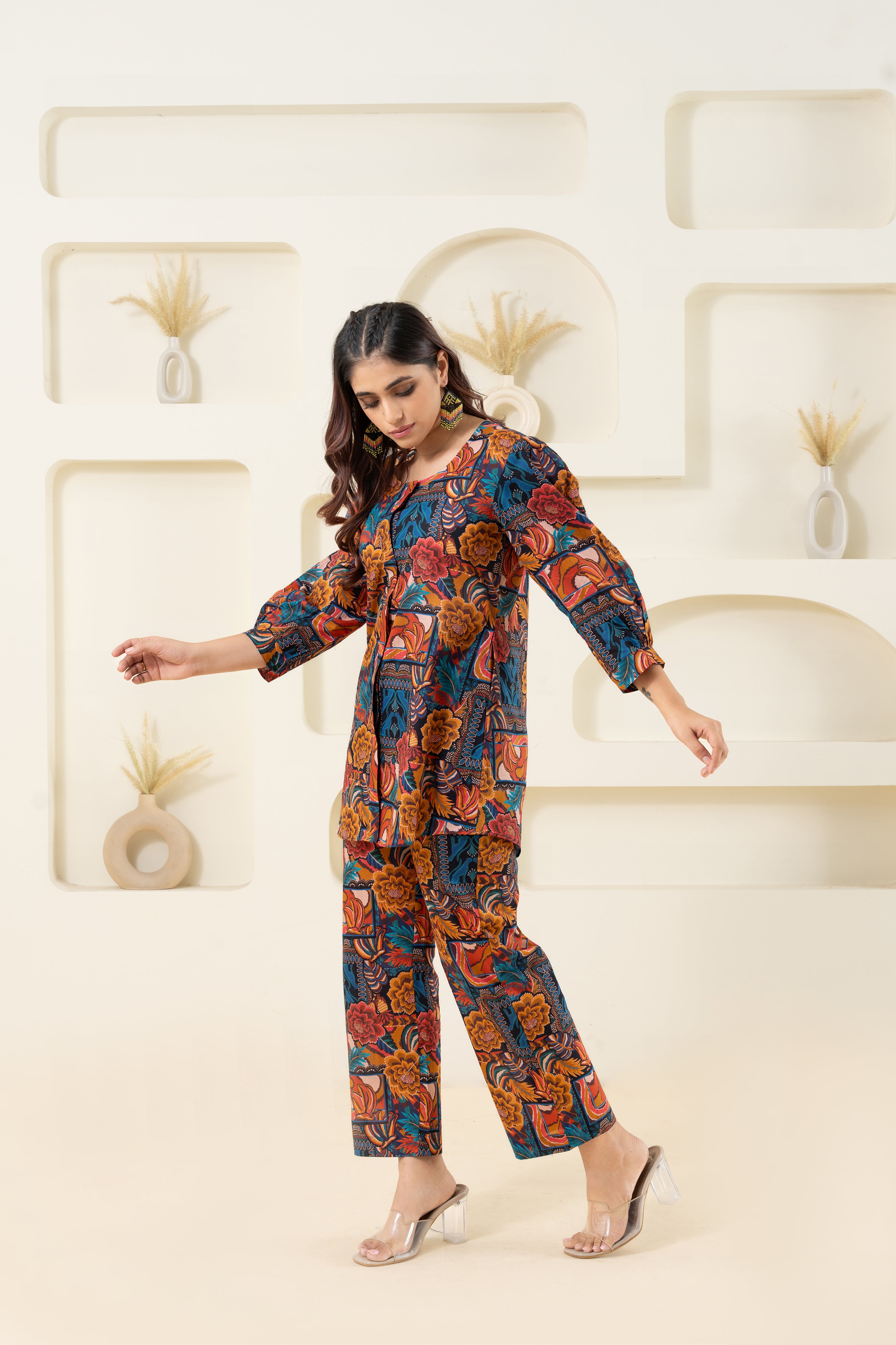 Abstract Printed Pure Cotton Co-ord Set With Puffed Sleeves