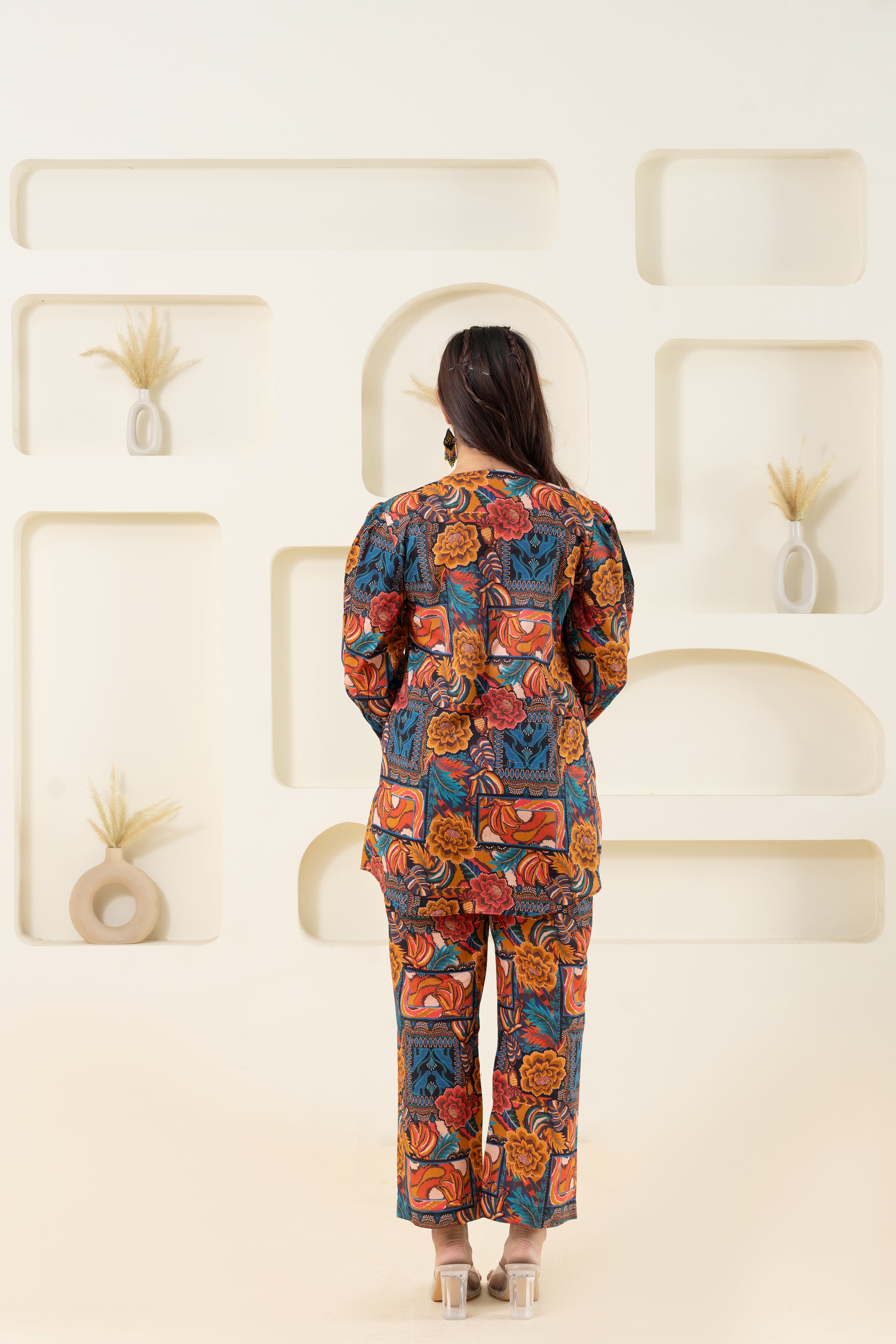 Abstract Printed Pure Cotton Co-ord Set With Puffed Sleeves