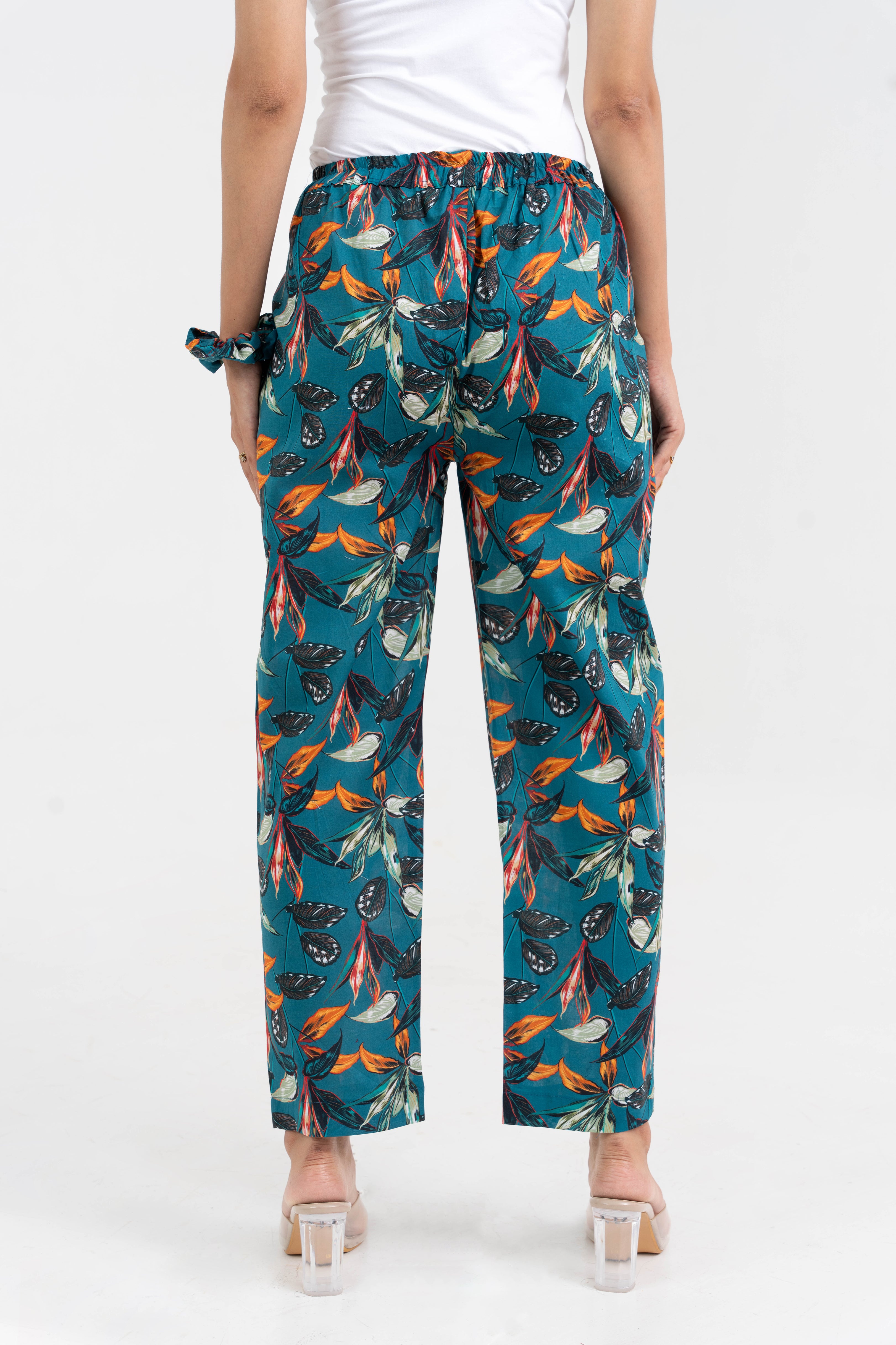 Teal Floral Printed Straight Fit Pure Cotton Pant