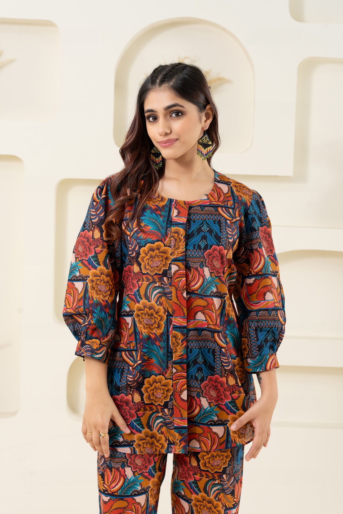 Abstract Printed Pure Cotton Shirt With Puffed Sleeves (Shirt)