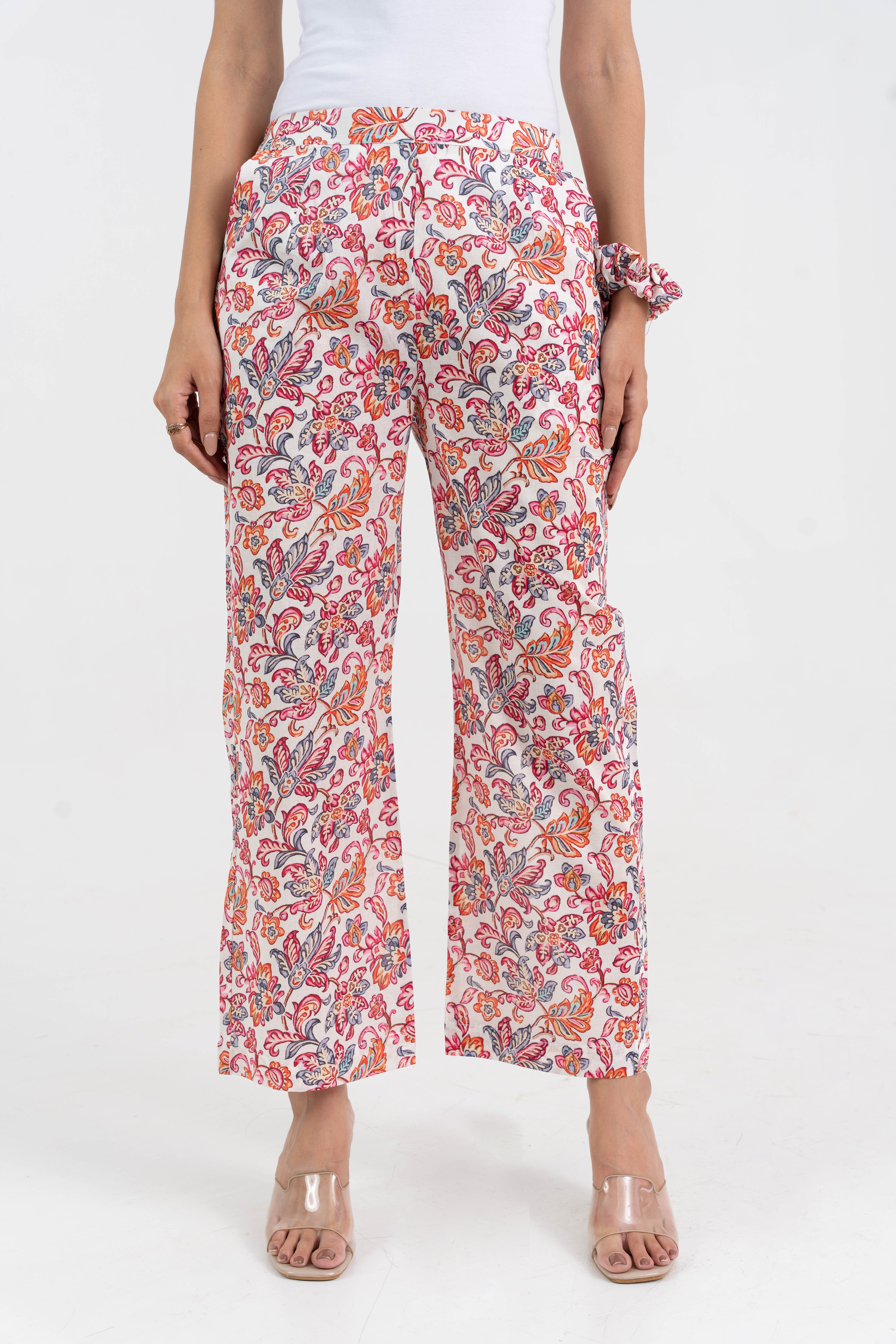 Off White Floral Printed Pure Cotton Pant