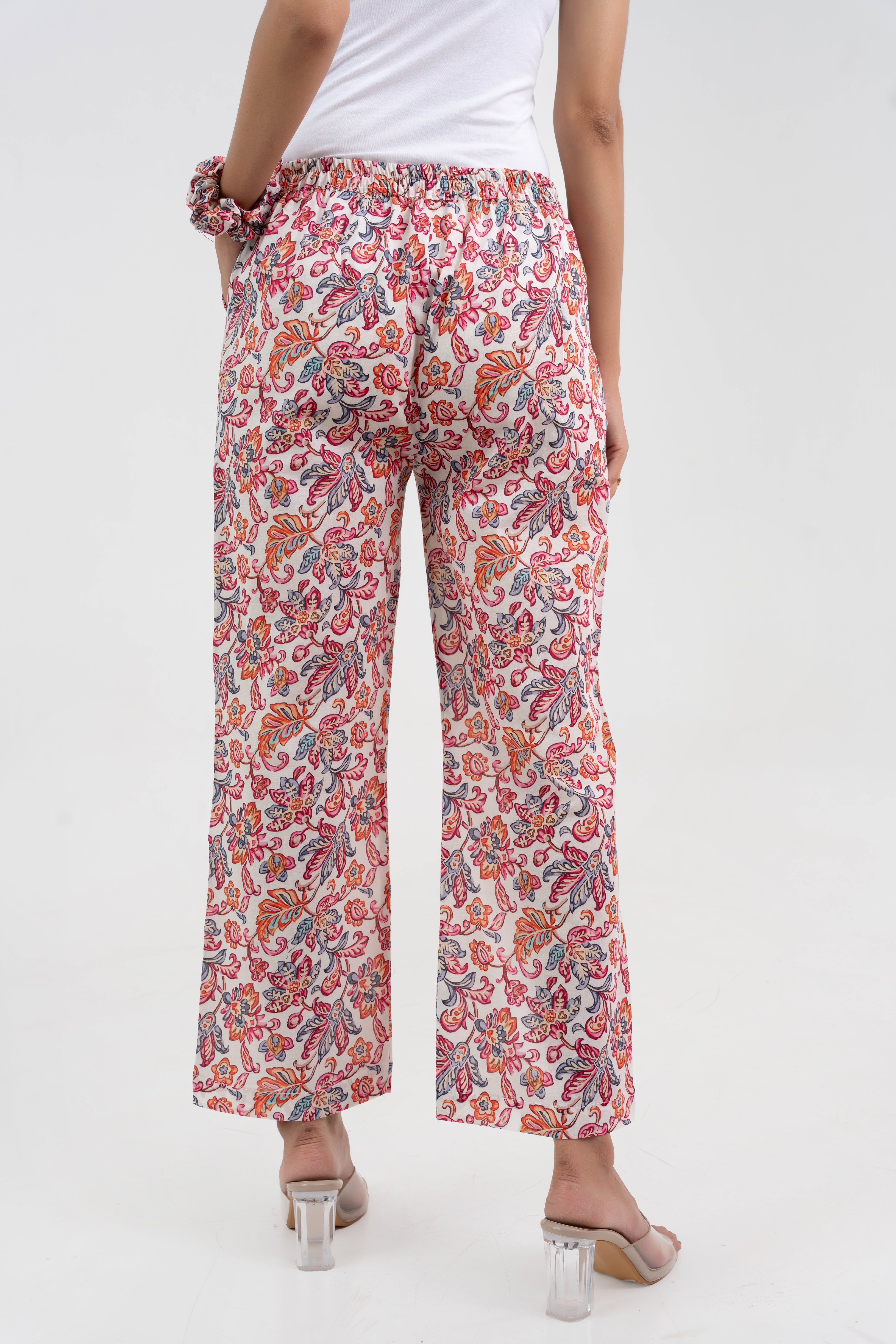 Off White Floral Printed Pure Cotton Pant