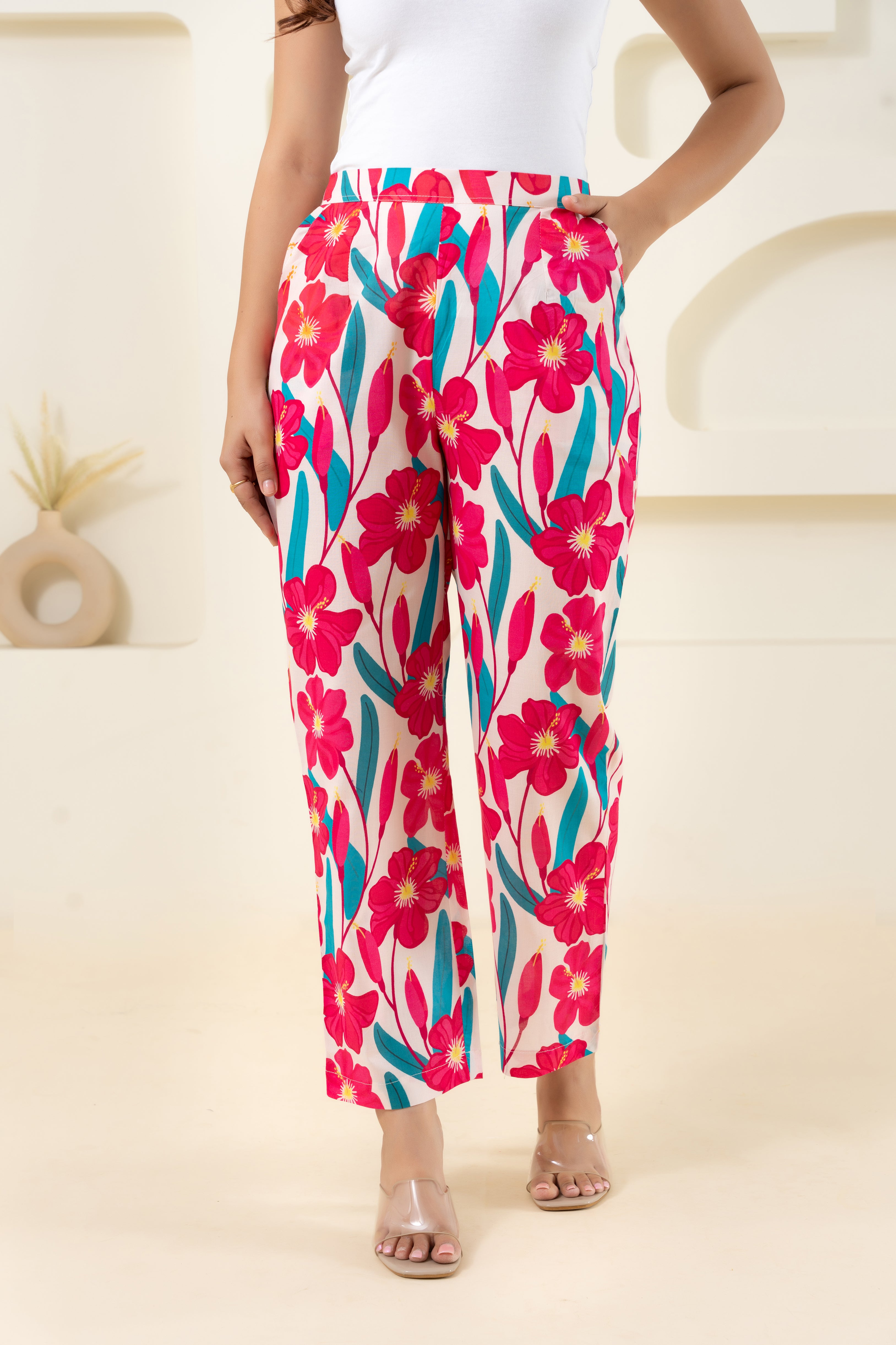 Pink Flower Printed Pure Cotton Pant