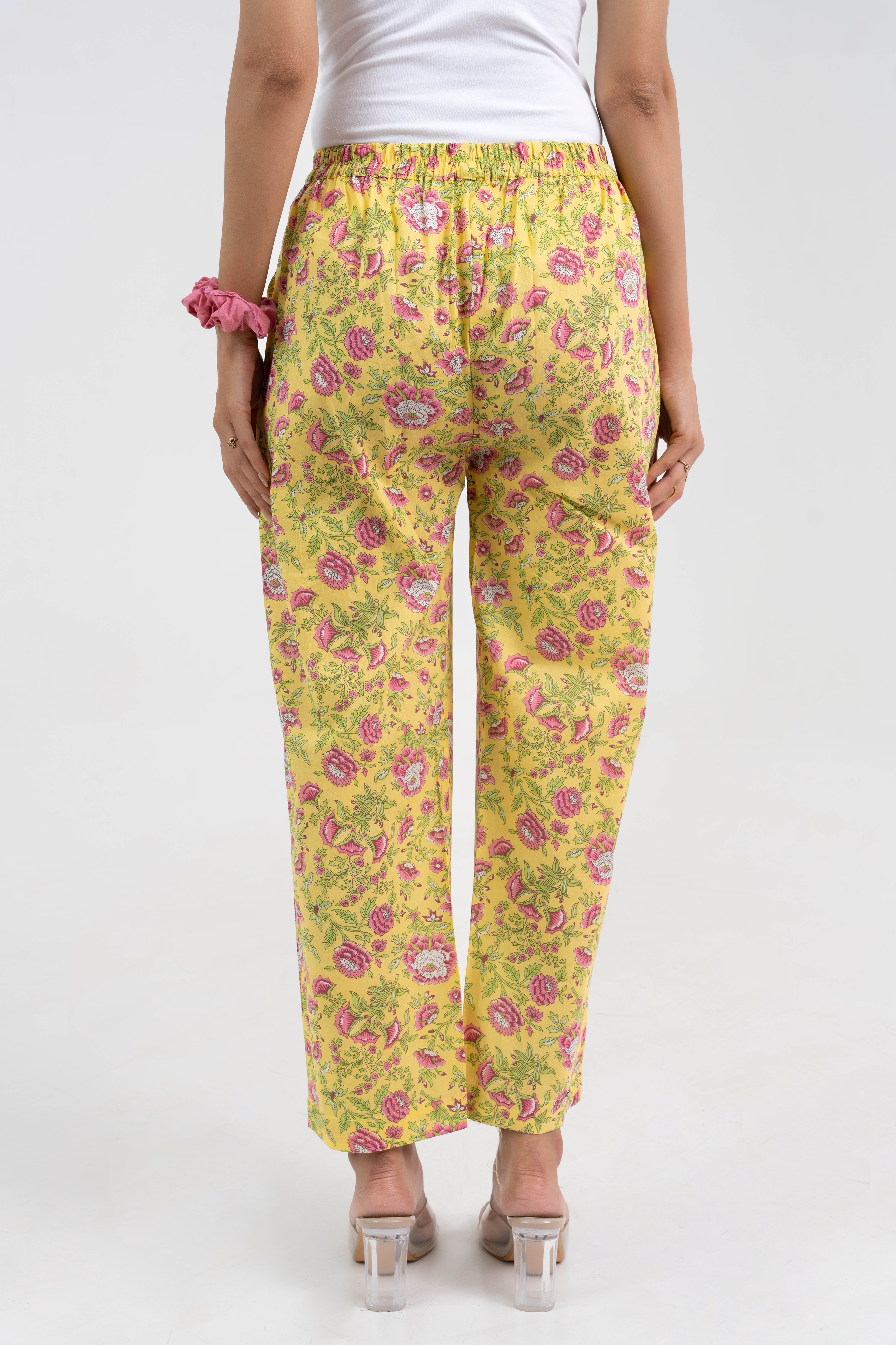 Yellow Block Printed Floral Pure Cotton Pant