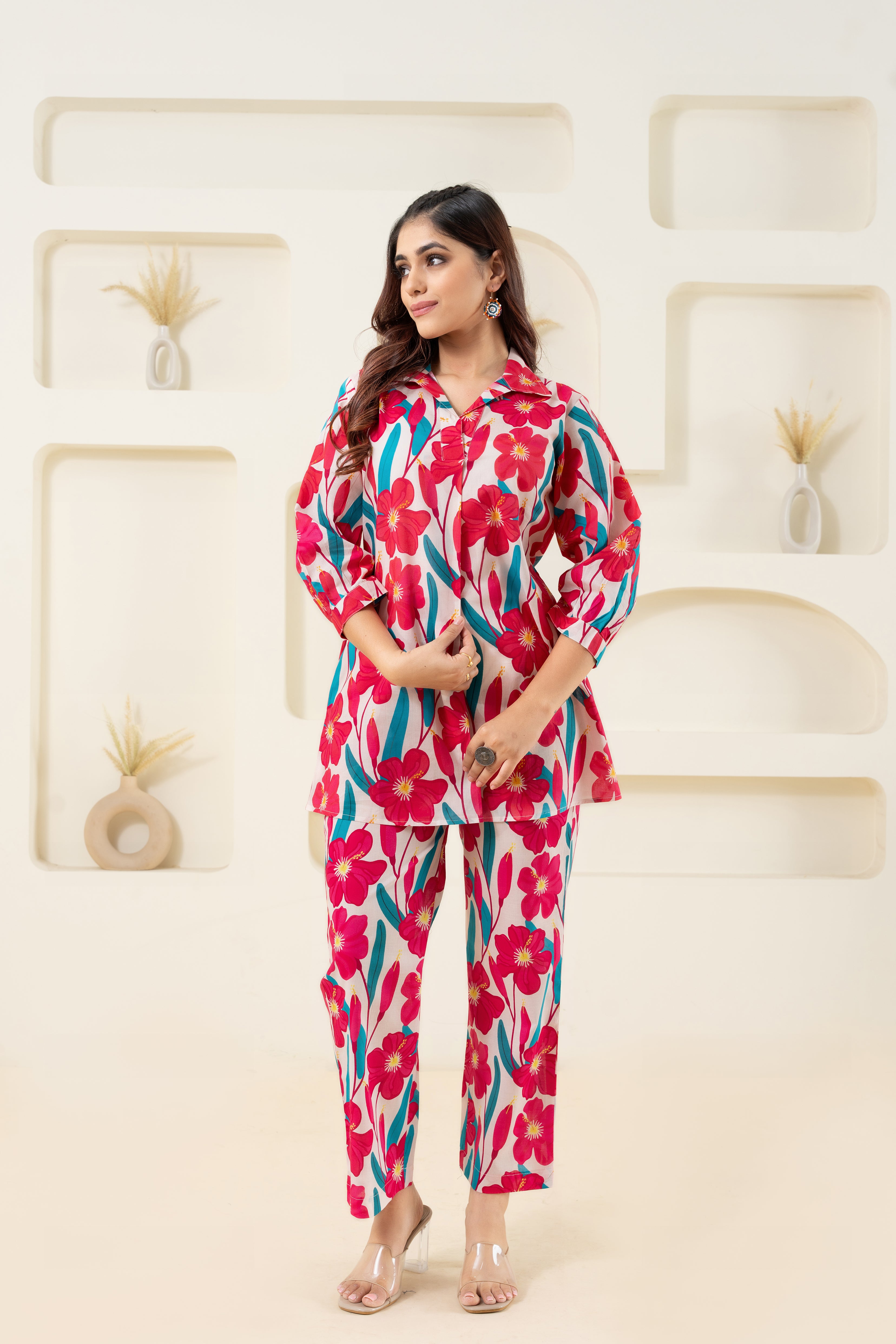 Pink Flower Printed Pure Cotton Flared Co-ord Set